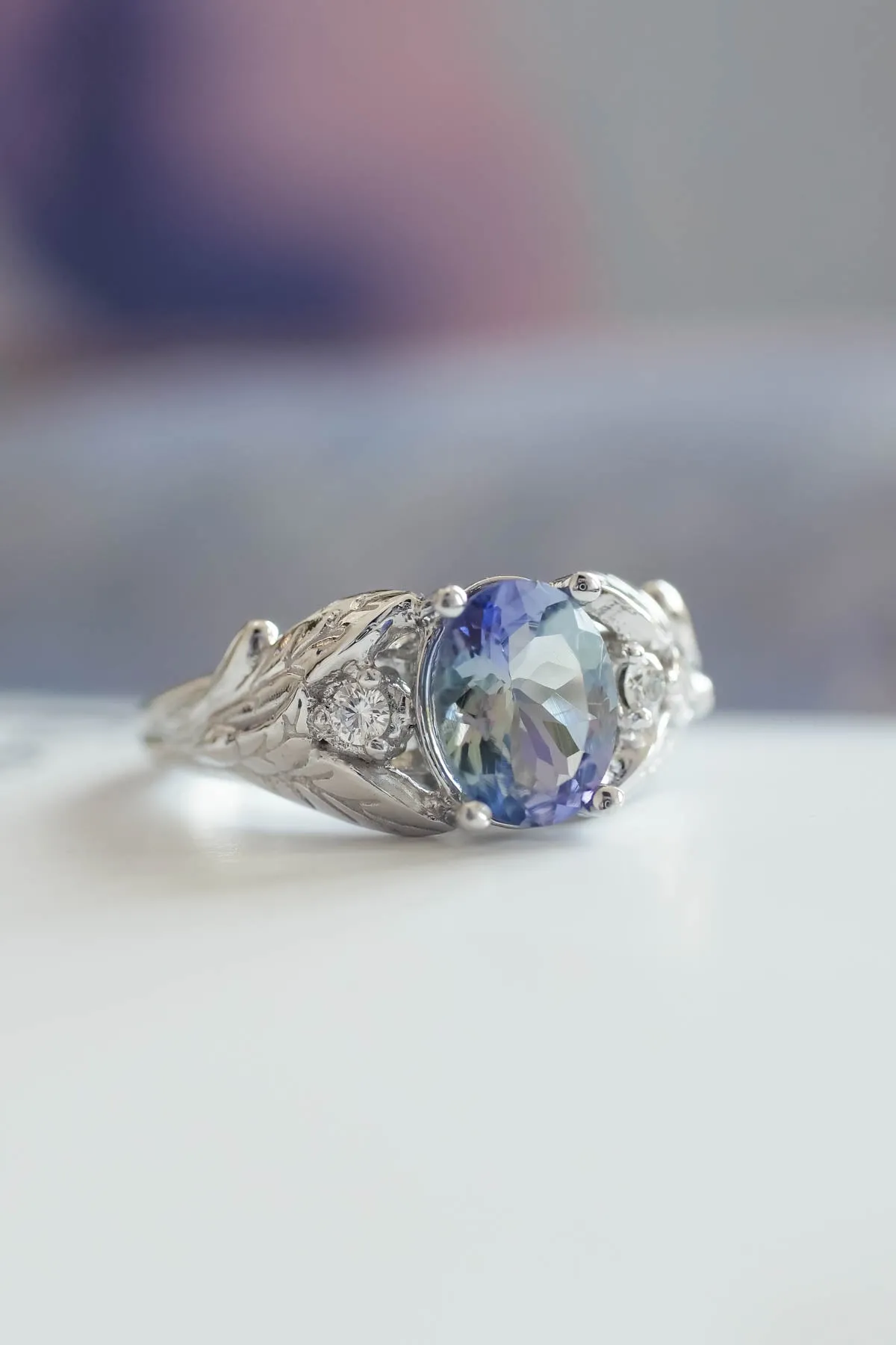 Bi color tanzanite engagement ring, alternative diamond proposal ring / Wisteria