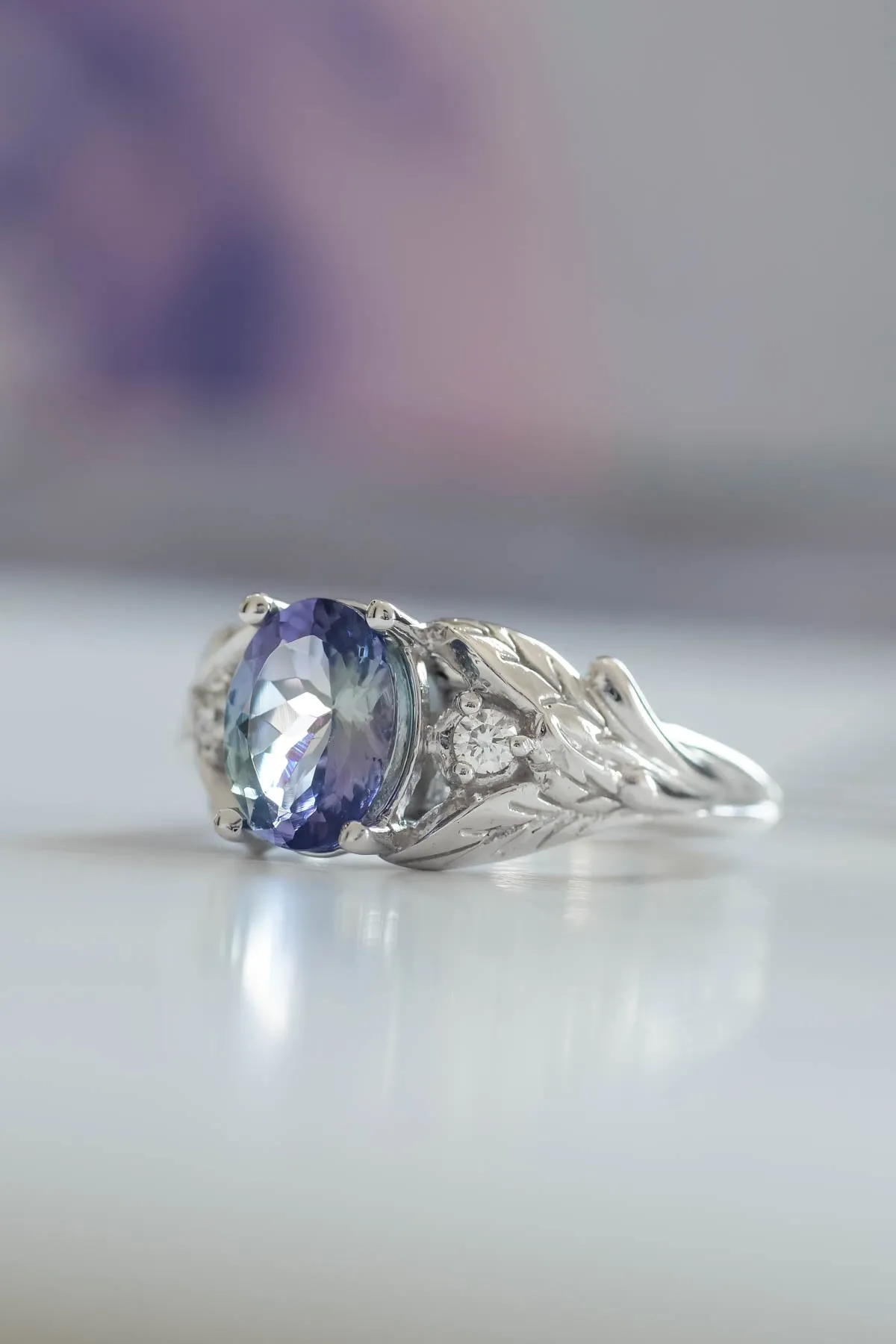 Bi color tanzanite engagement ring, alternative diamond proposal ring / Wisteria