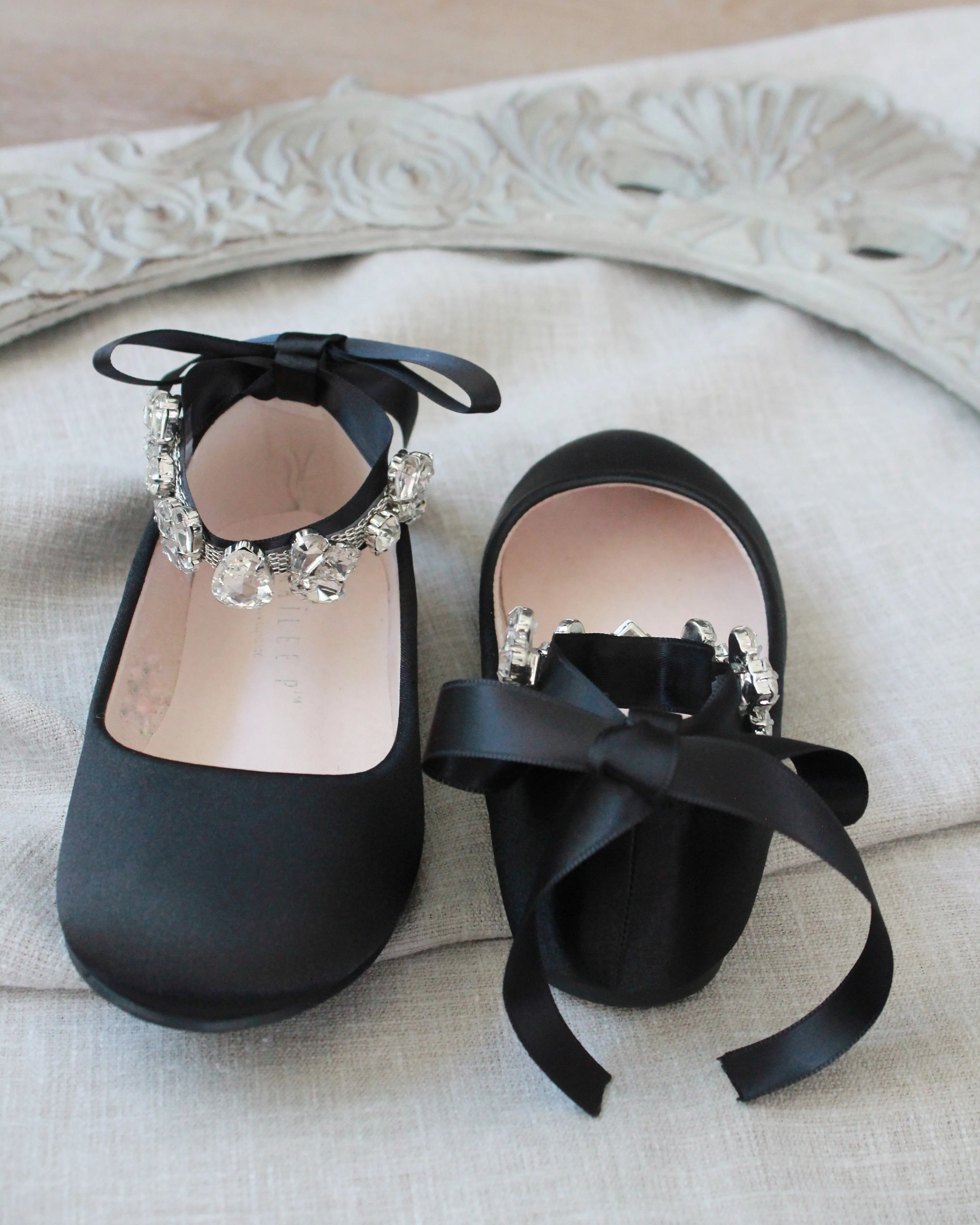 Black Satin Ballet Flats with Navette Cluster Rhinestones