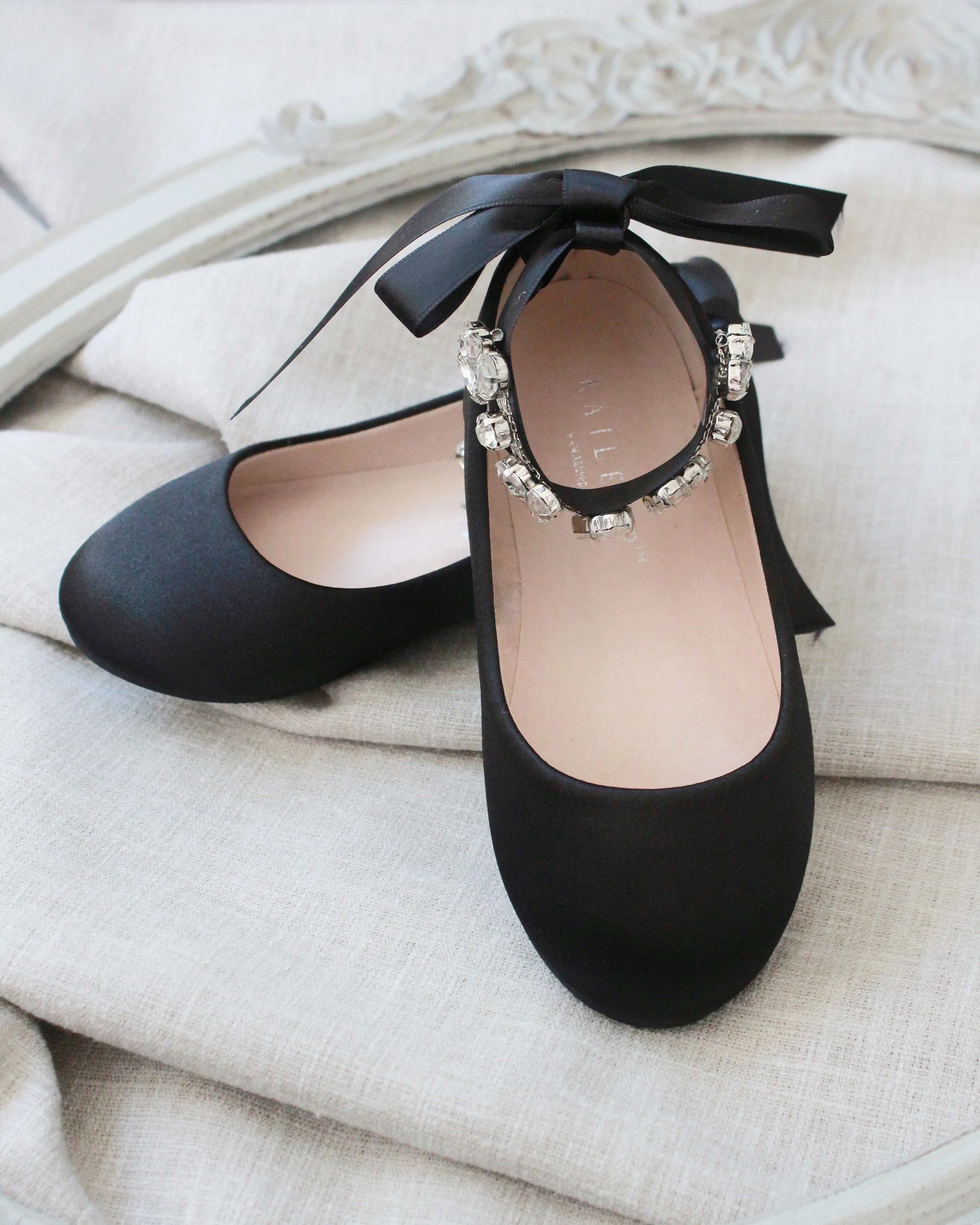 Black Satin Ballet Flats with Navette Cluster Rhinestones