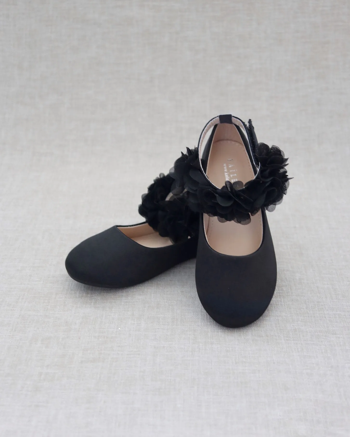 Black Satin Flats with Chiffon Flowers Ankle Strap