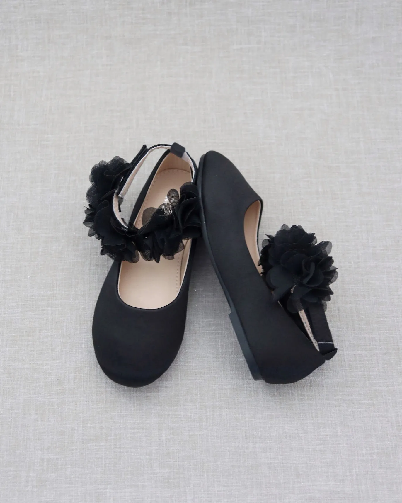 Black Satin Flats with Chiffon Flowers Ankle Strap