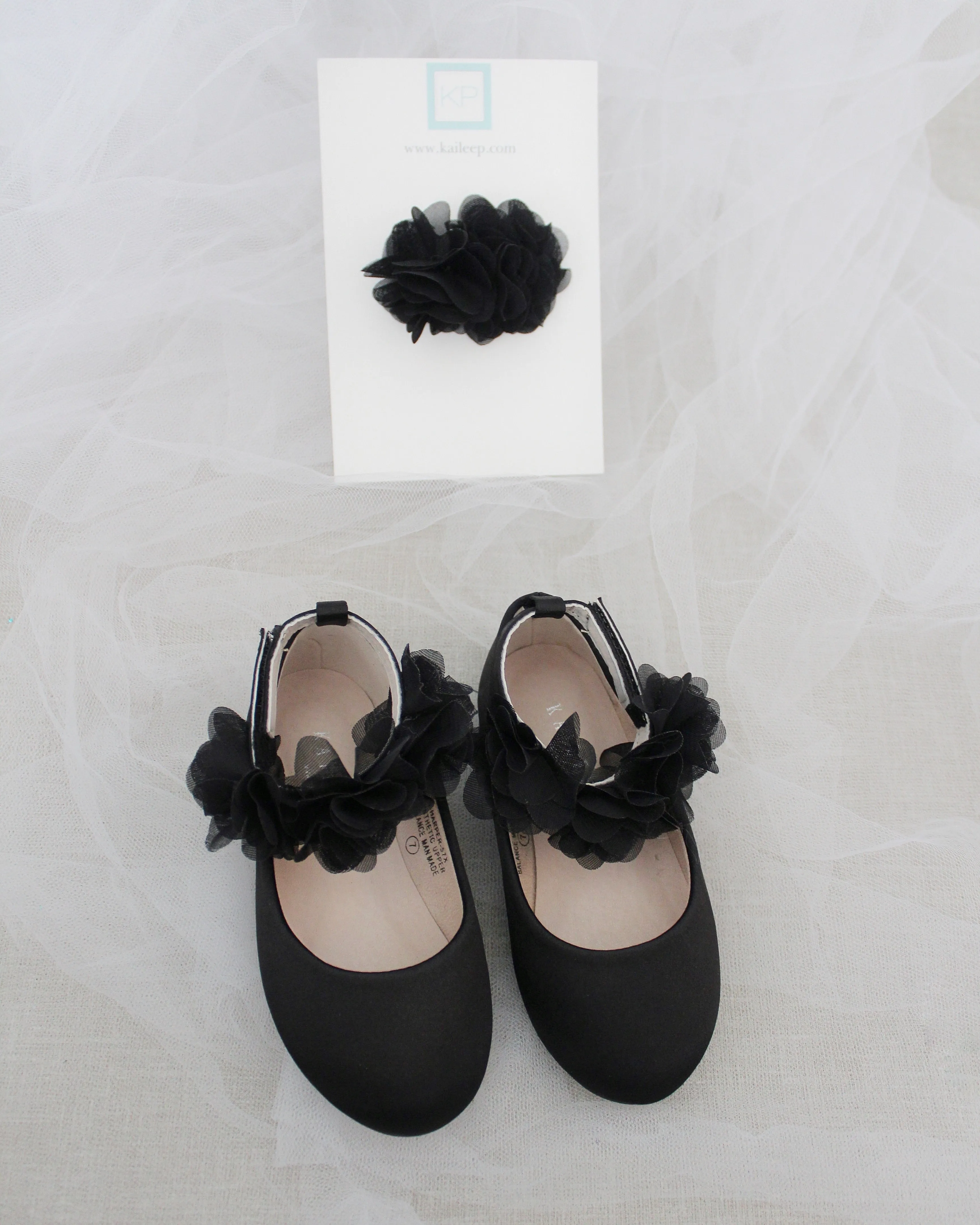 Black Satin Flats with Chiffon Flowers Ankle Strap