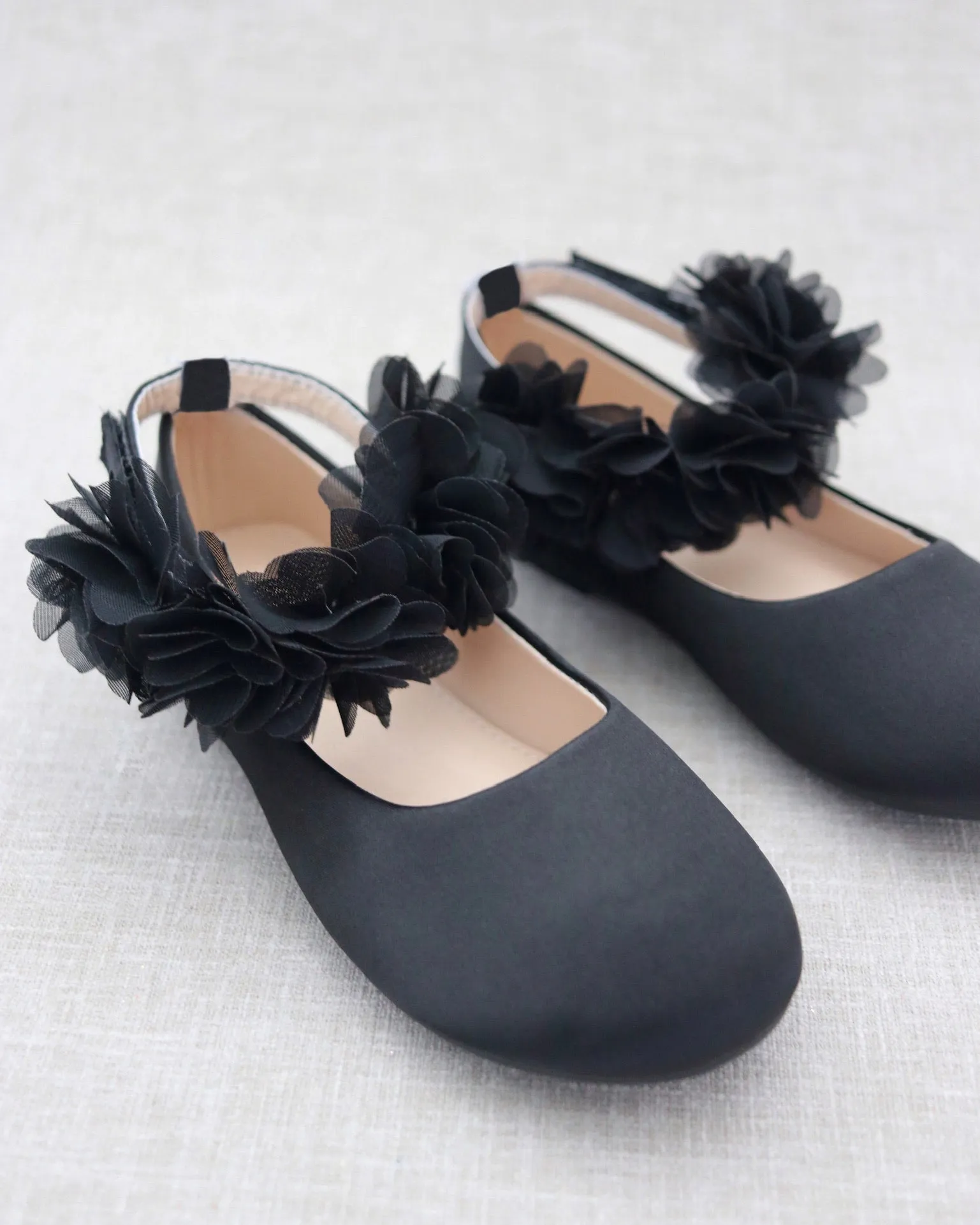 Black Satin Flats with Chiffon Flowers Ankle Strap