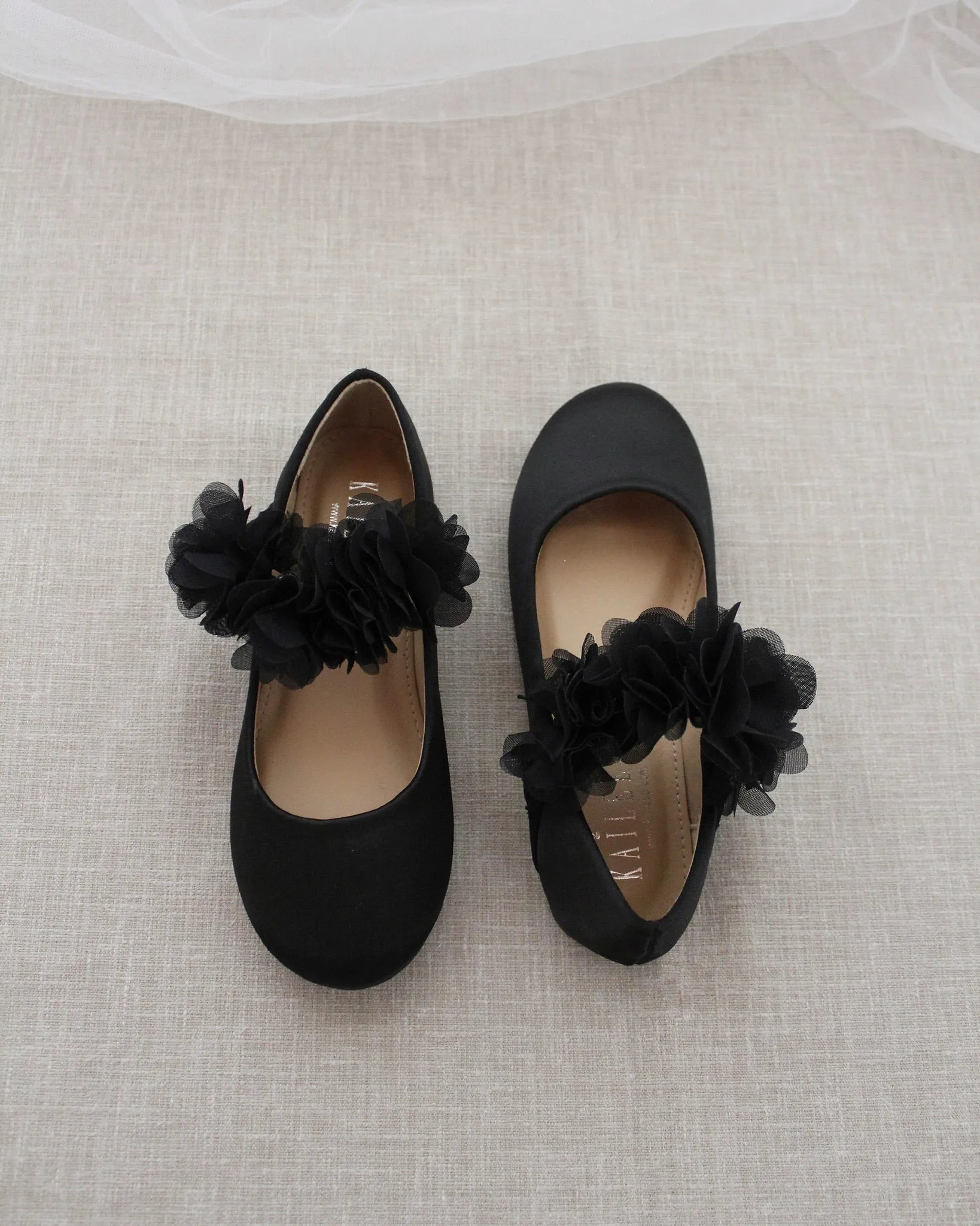 Black Satin Mary Jane Flats with Chiffon Flowers