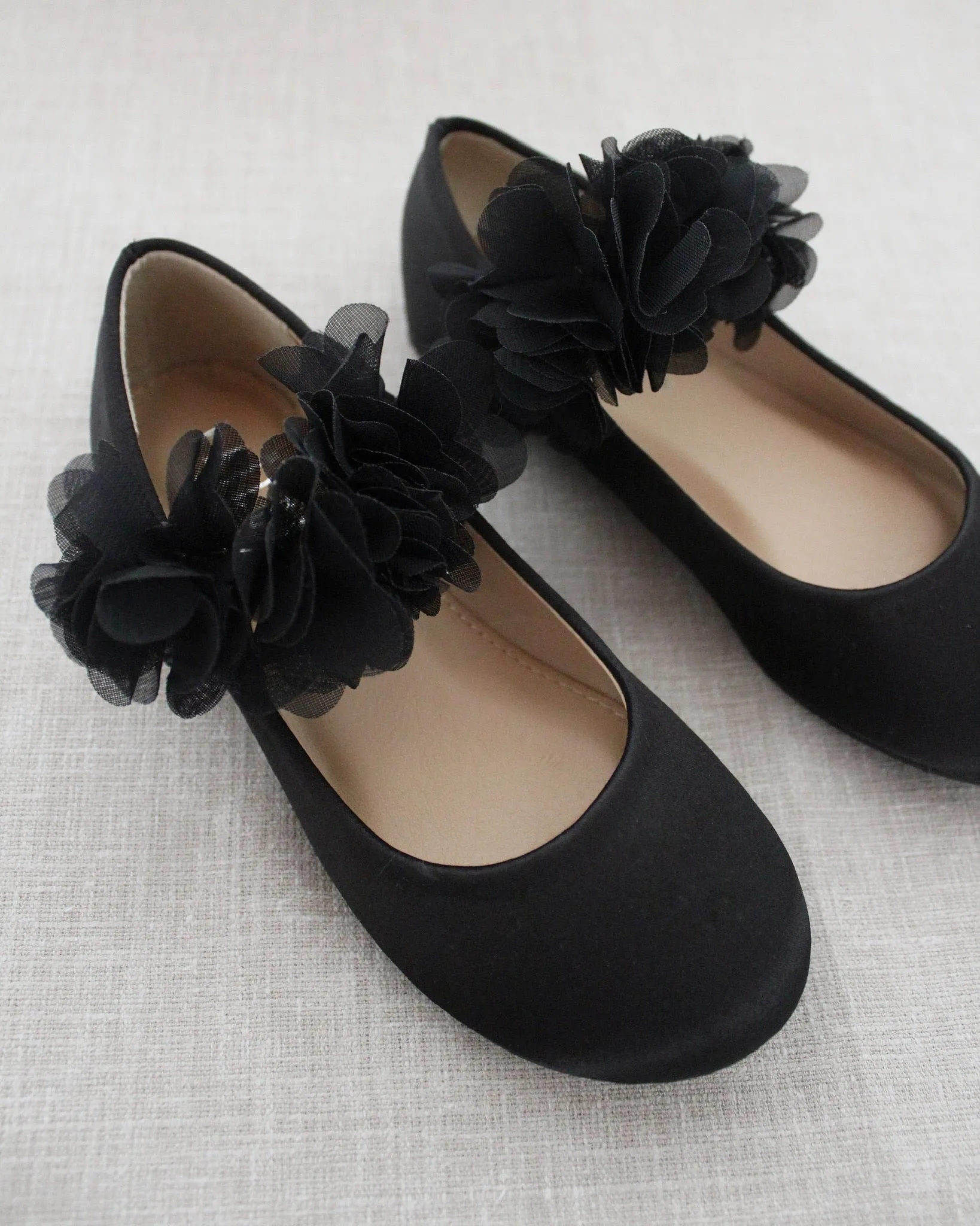 Black Satin Mary Jane Flats with Chiffon Flowers