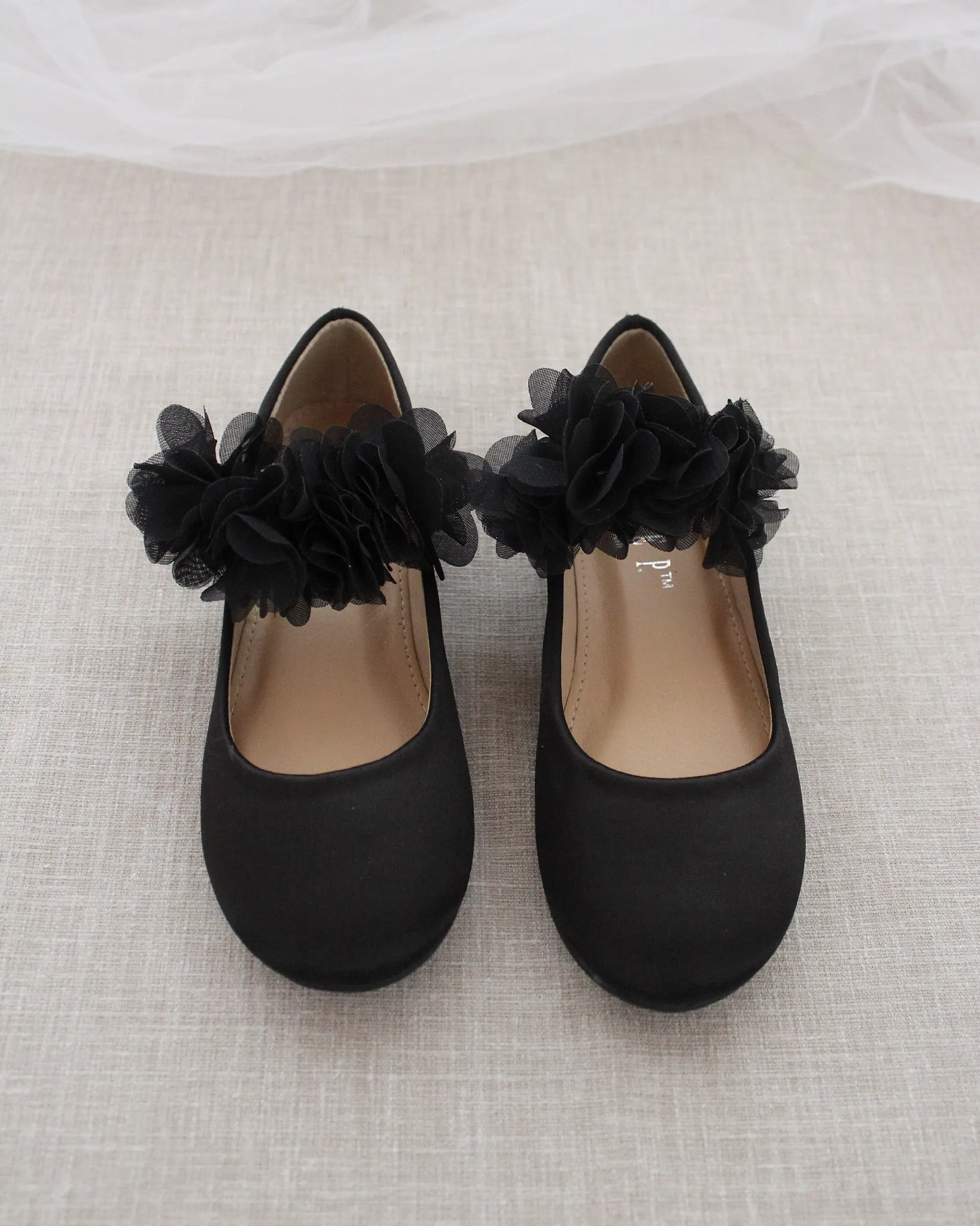 Black Satin Mary Jane Flats with Chiffon Flowers