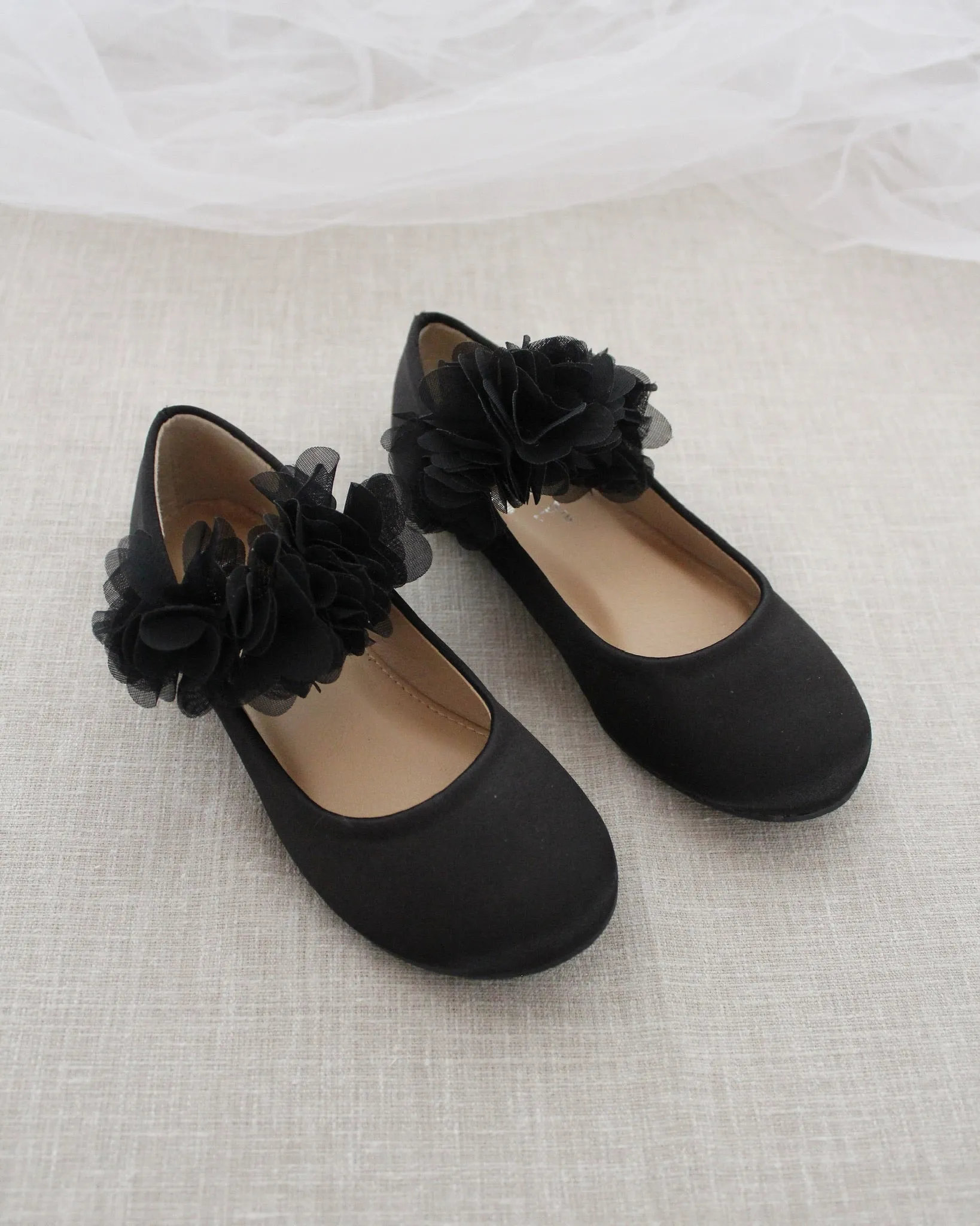 Black Satin Mary Jane Flats with Chiffon Flowers