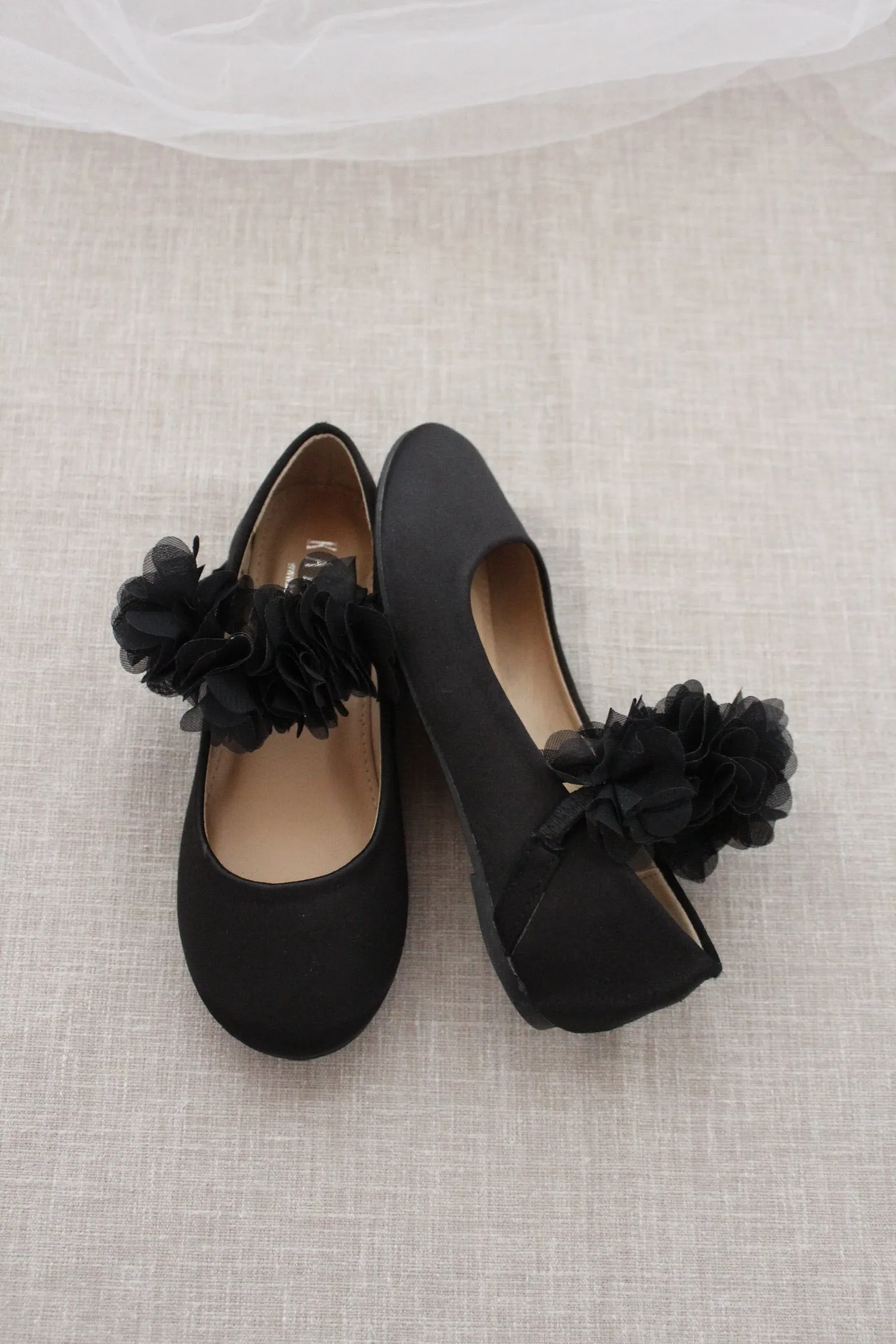 Black Satin Mary Jane Flats with Chiffon Flowers