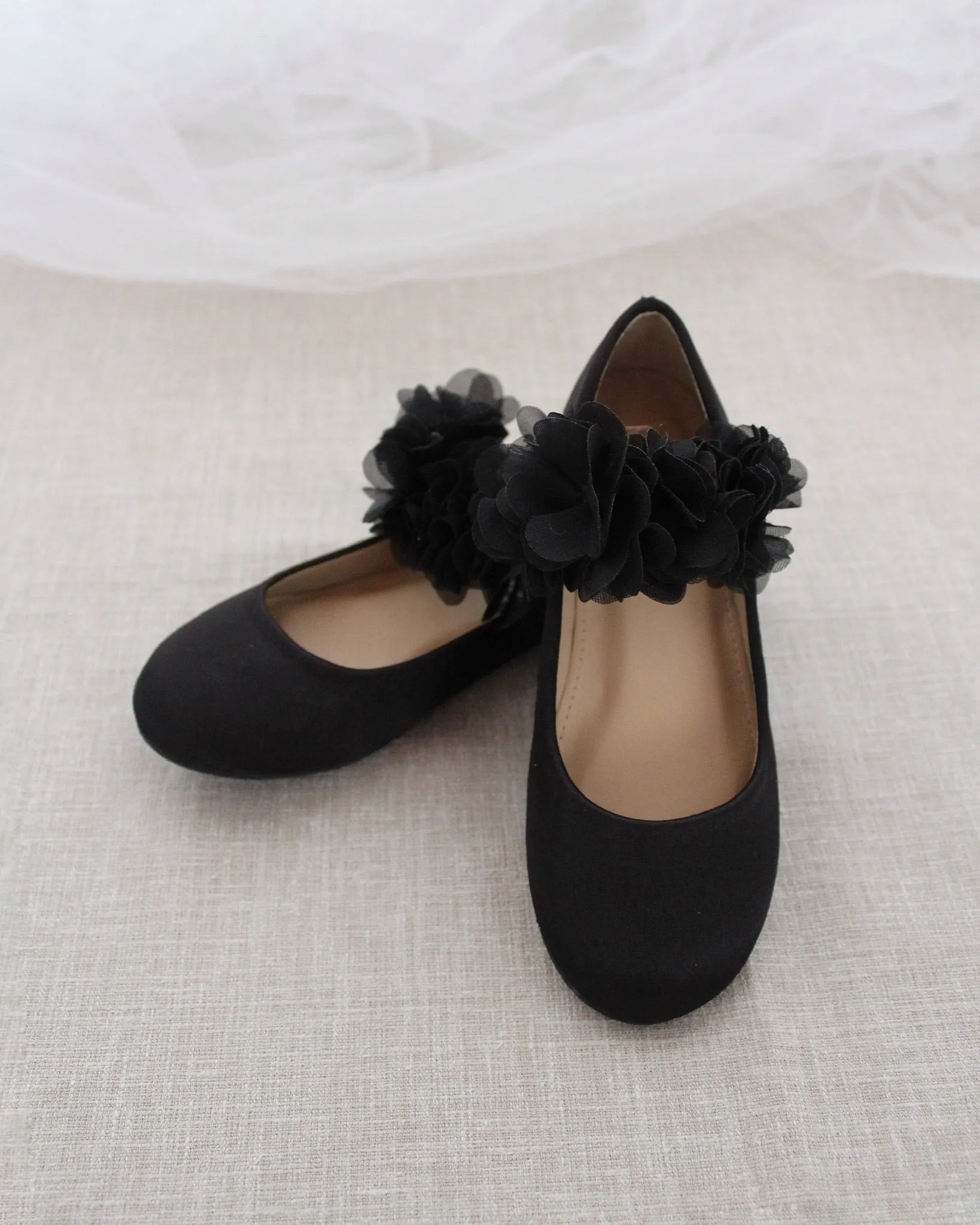 Black Satin Mary Jane Flats with Chiffon Flowers