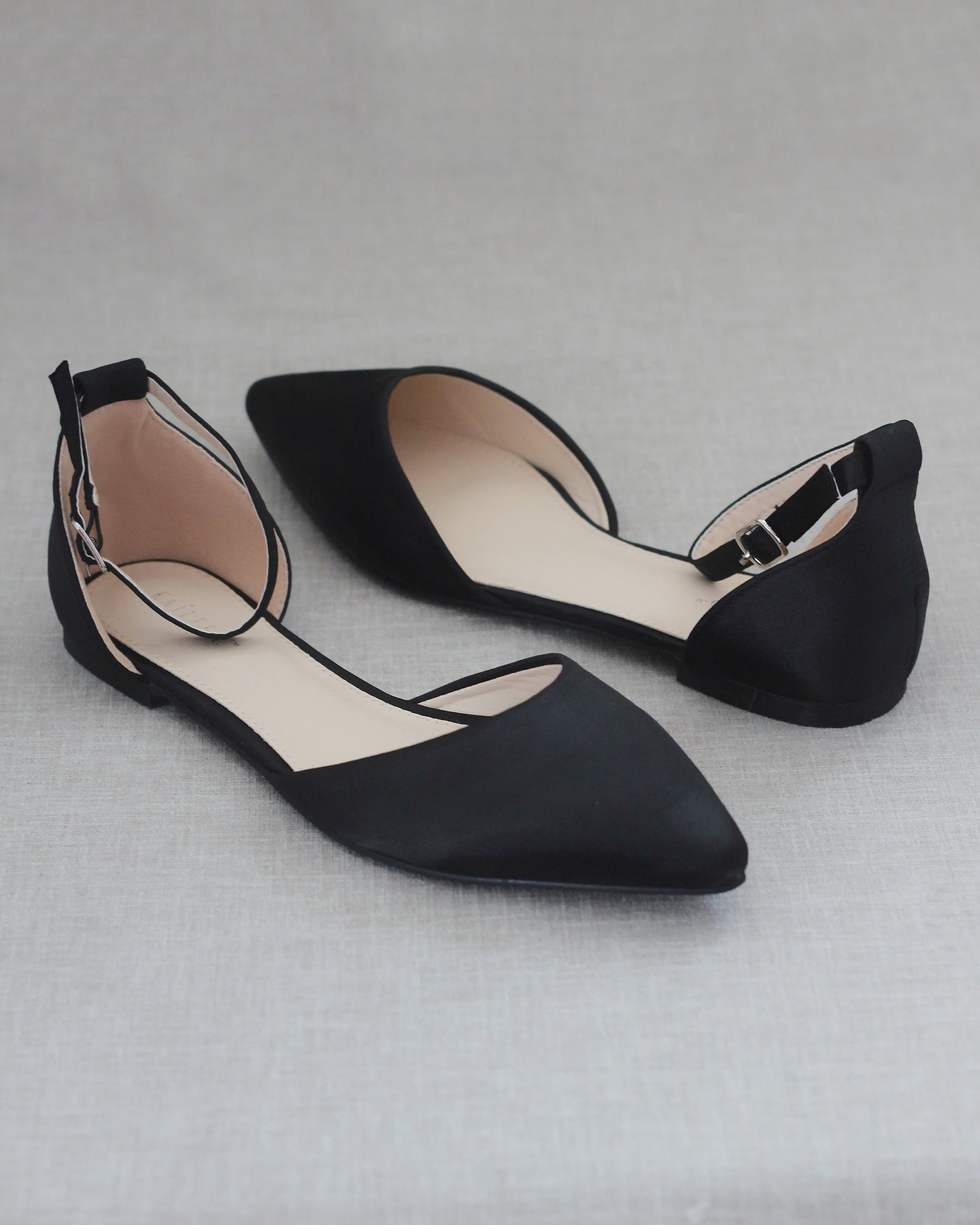 Black Satin Pointy Toe Flats with Ankle Strap