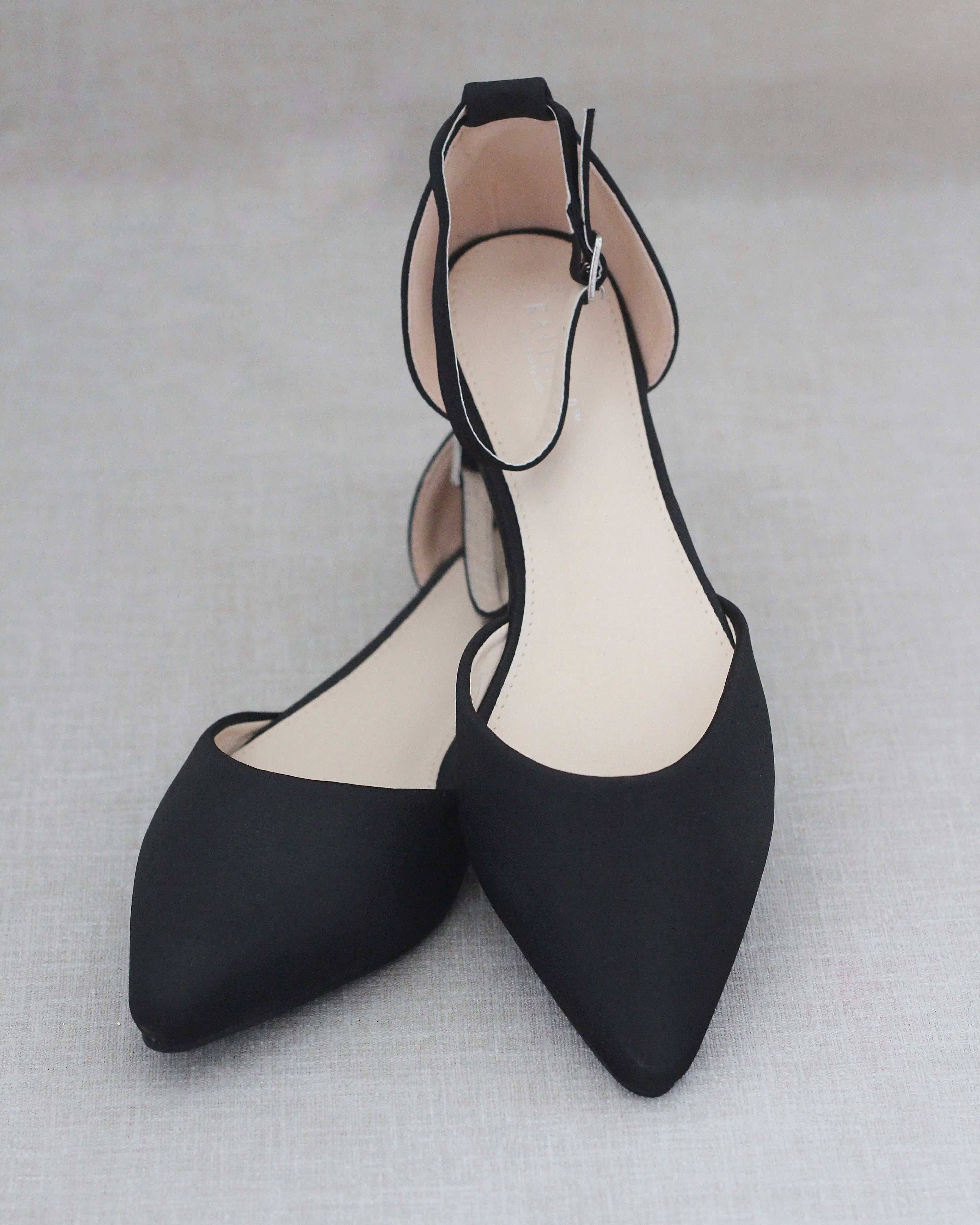 Black Satin Pointy Toe Flats with Ankle Strap