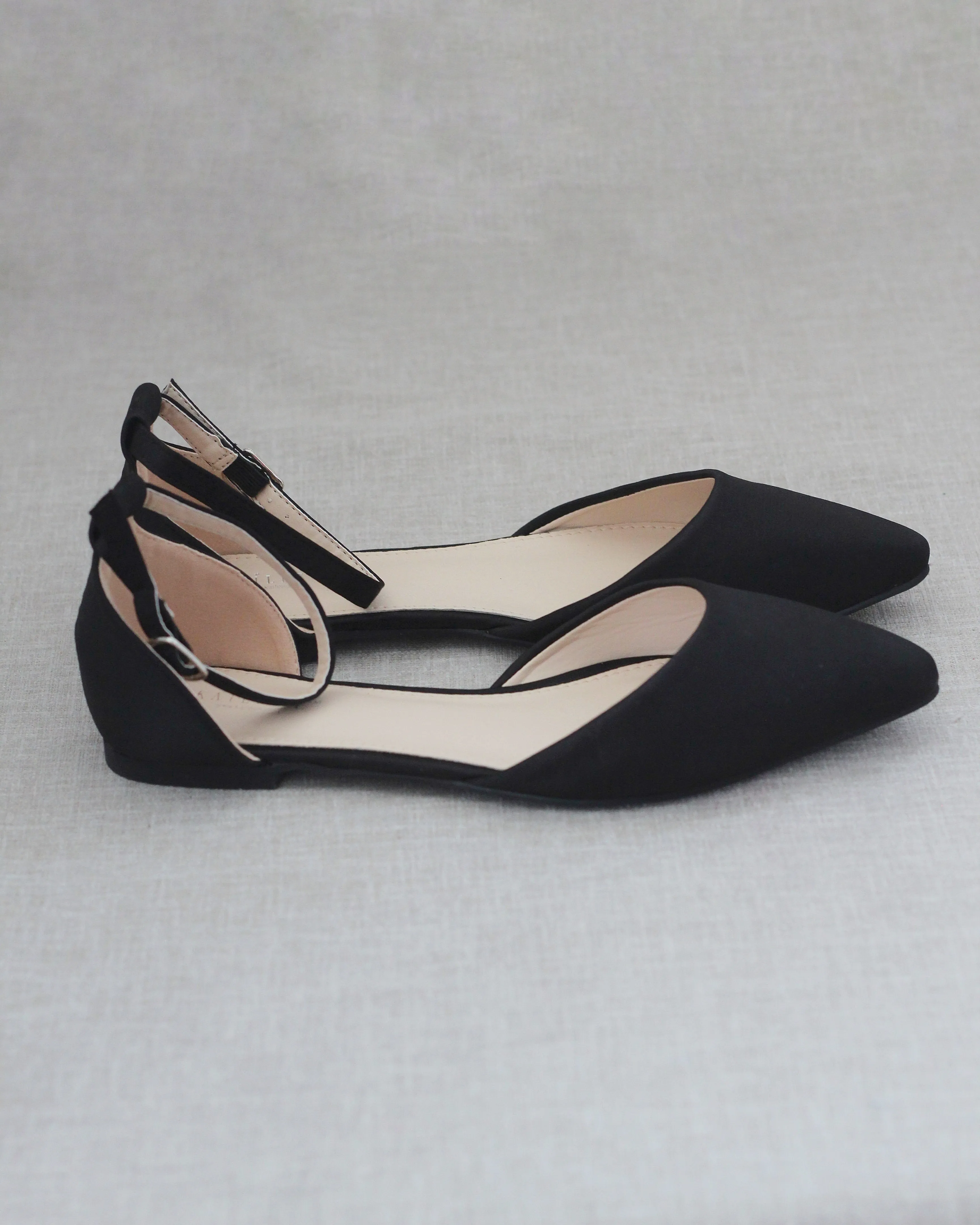 Black Satin Pointy Toe Flats with Ankle Strap