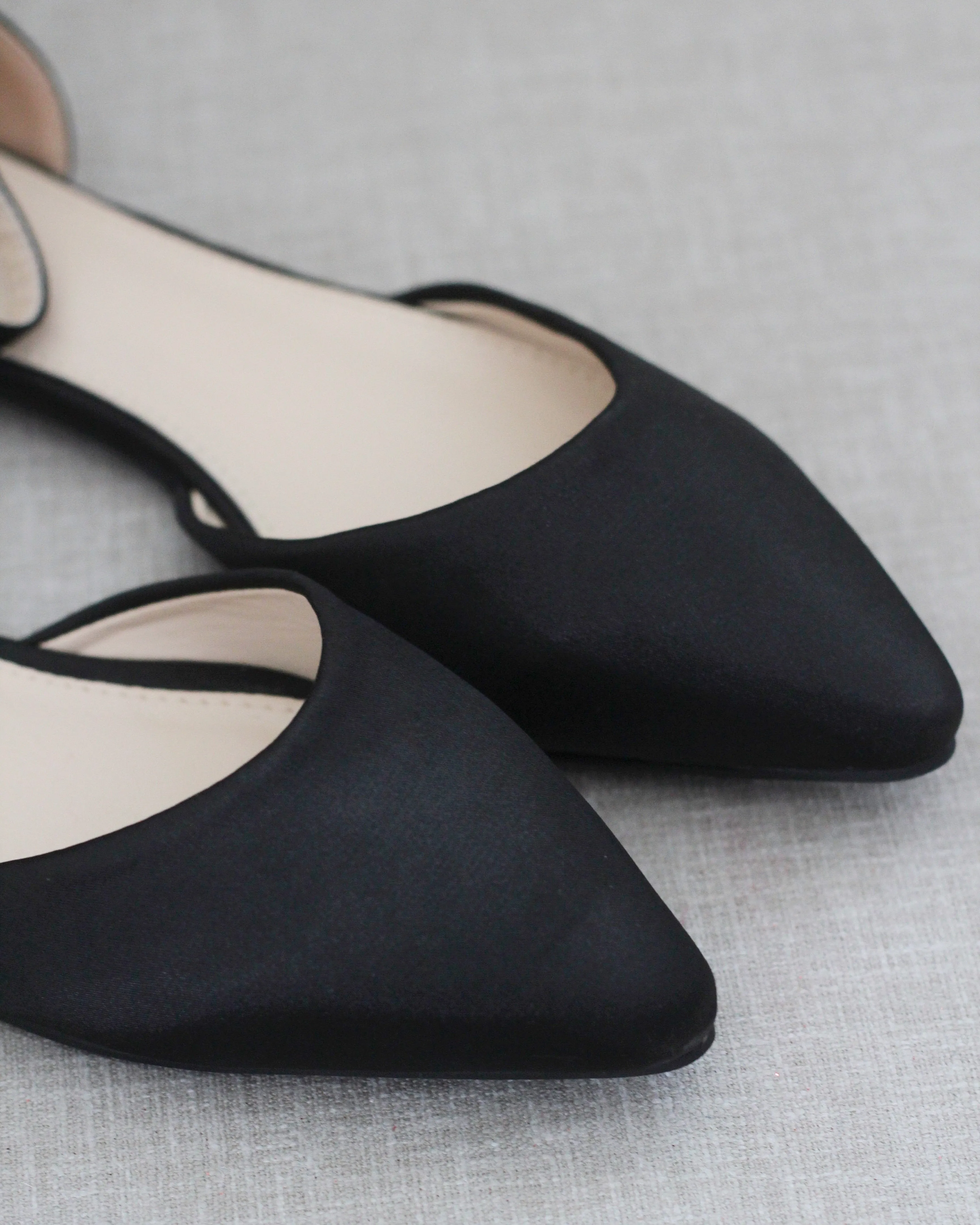 Black Satin Pointy Toe Flats with Ankle Strap