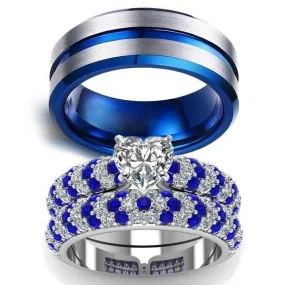 Blue/Silver and White/Blue Cubic Zirconia & Rhinestone Stainless Steel Wedding Bands Set