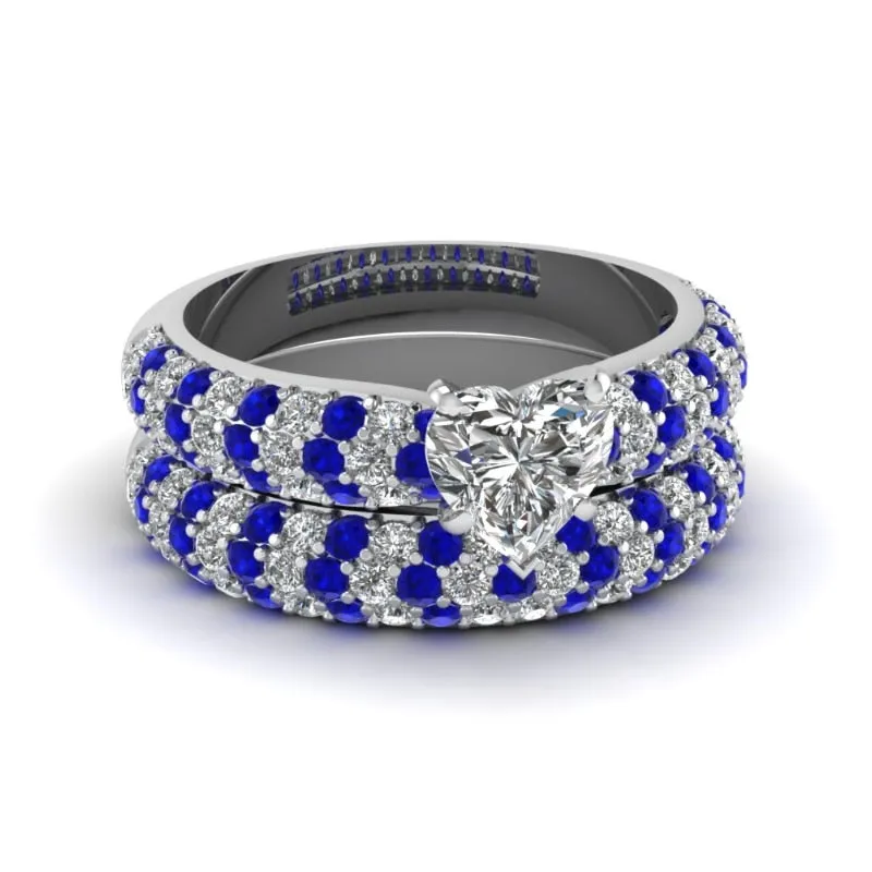 Blue/Silver and White/Blue Cubic Zirconia & Rhinestone Stainless Steel Wedding Bands Set