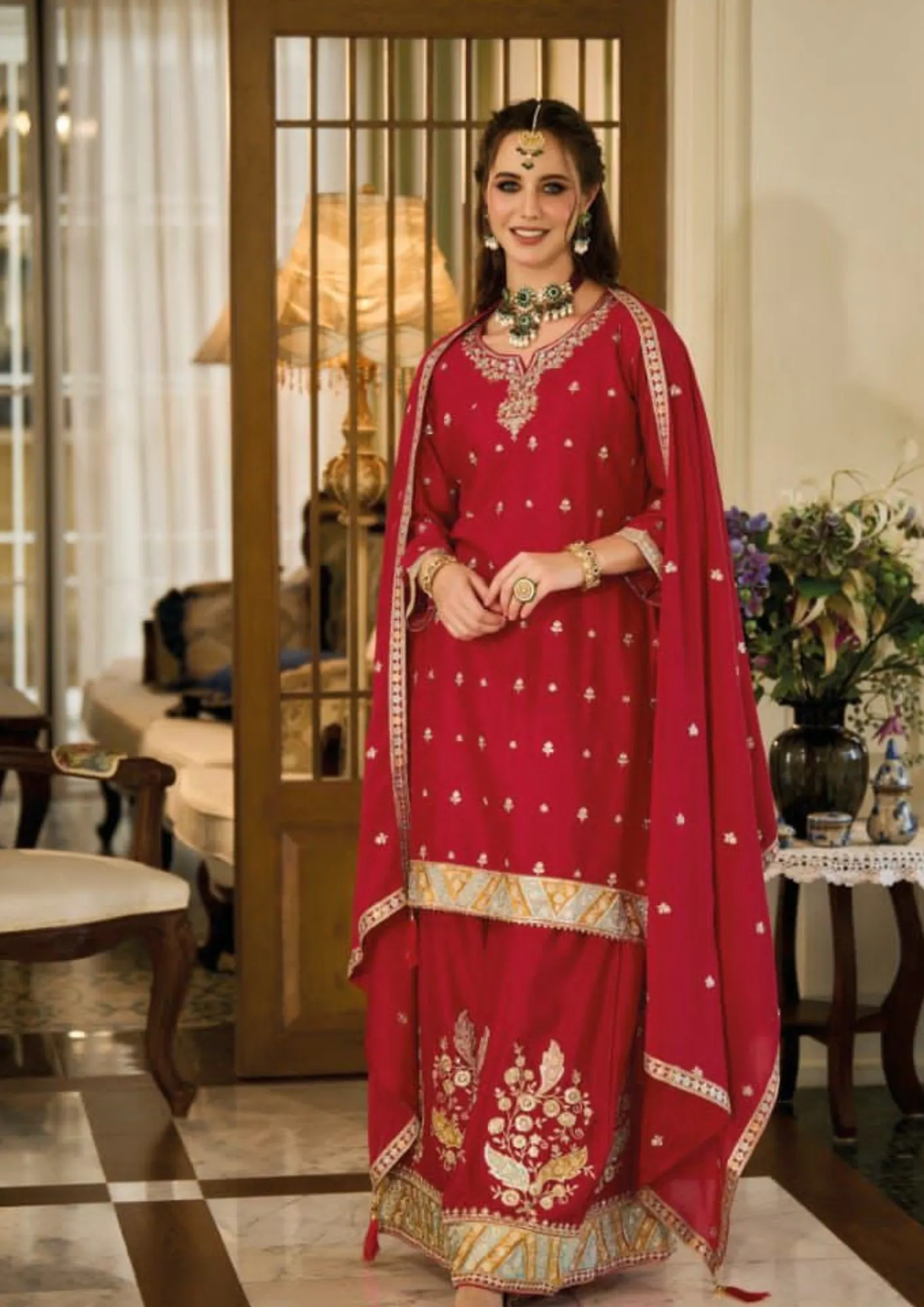 Charming Red Color Chinon  Embroidery Front And Back  Work Designer Palazzo Suits