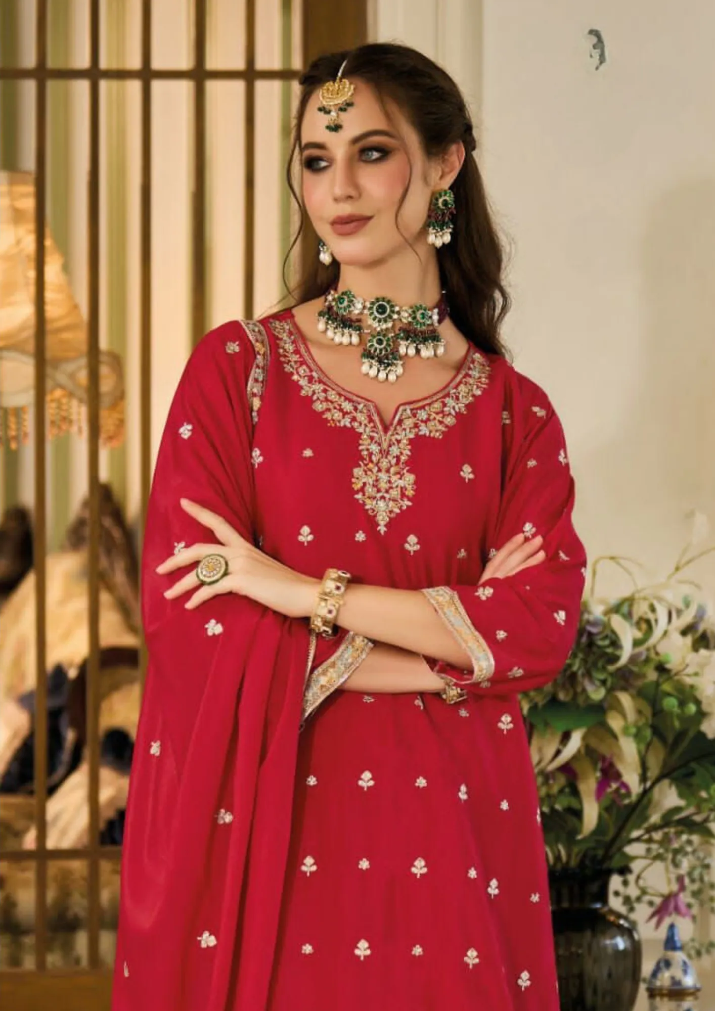 Charming Red Color Chinon  Embroidery Front And Back  Work Designer Palazzo Suits