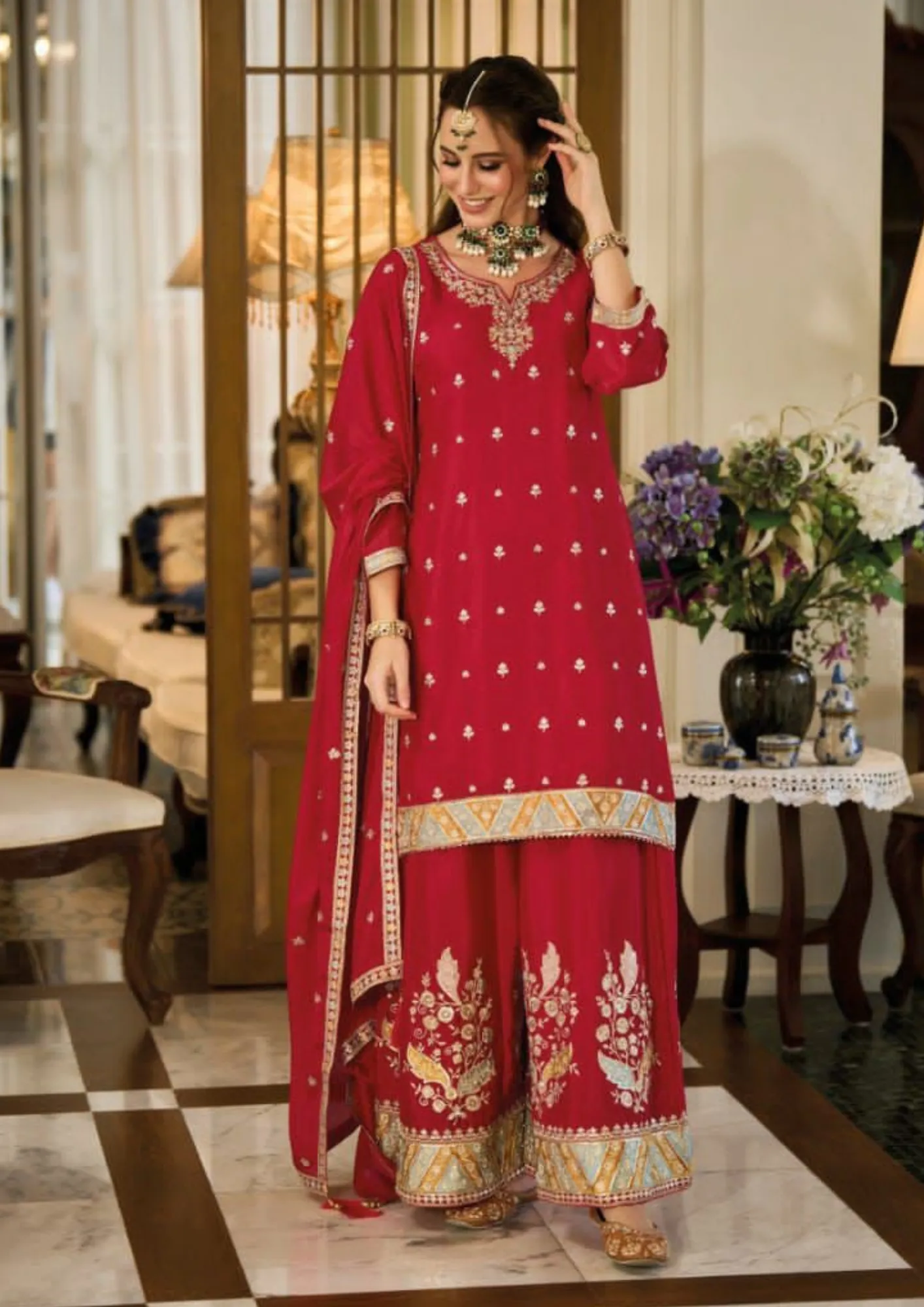 Charming Red Color Chinon  Embroidery Front And Back  Work Designer Palazzo Suits