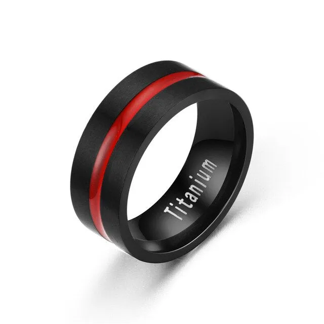 Classic Black Titanium Steel Ring with Red Inlay Wedding Set