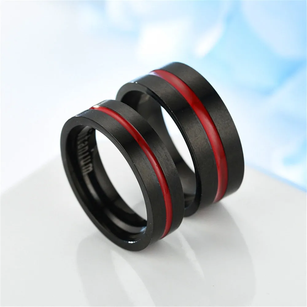 Classic Black Titanium Steel Ring with Red Inlay Wedding Set