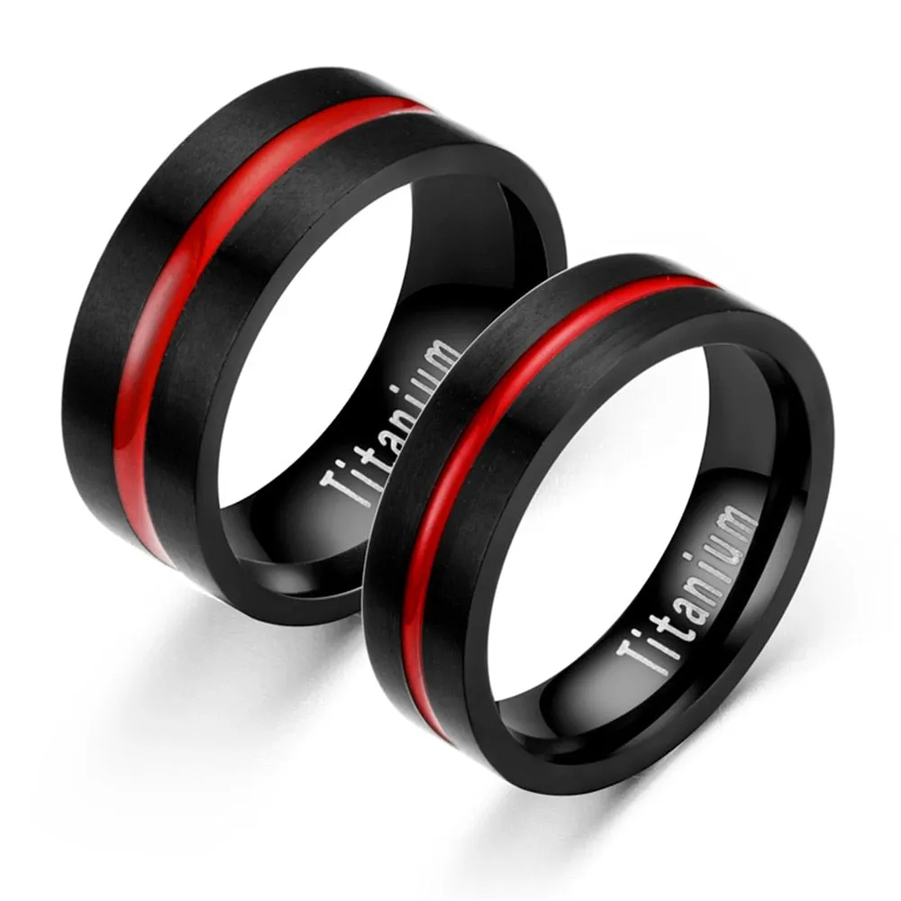 Classic Black Titanium Steel Ring with Red Inlay Wedding Set