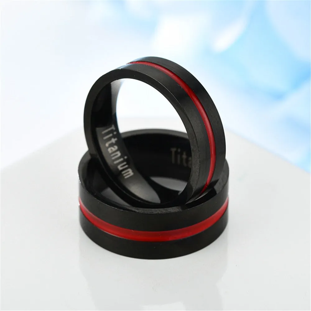 Classic Black Titanium Steel Ring with Red Inlay Wedding Set