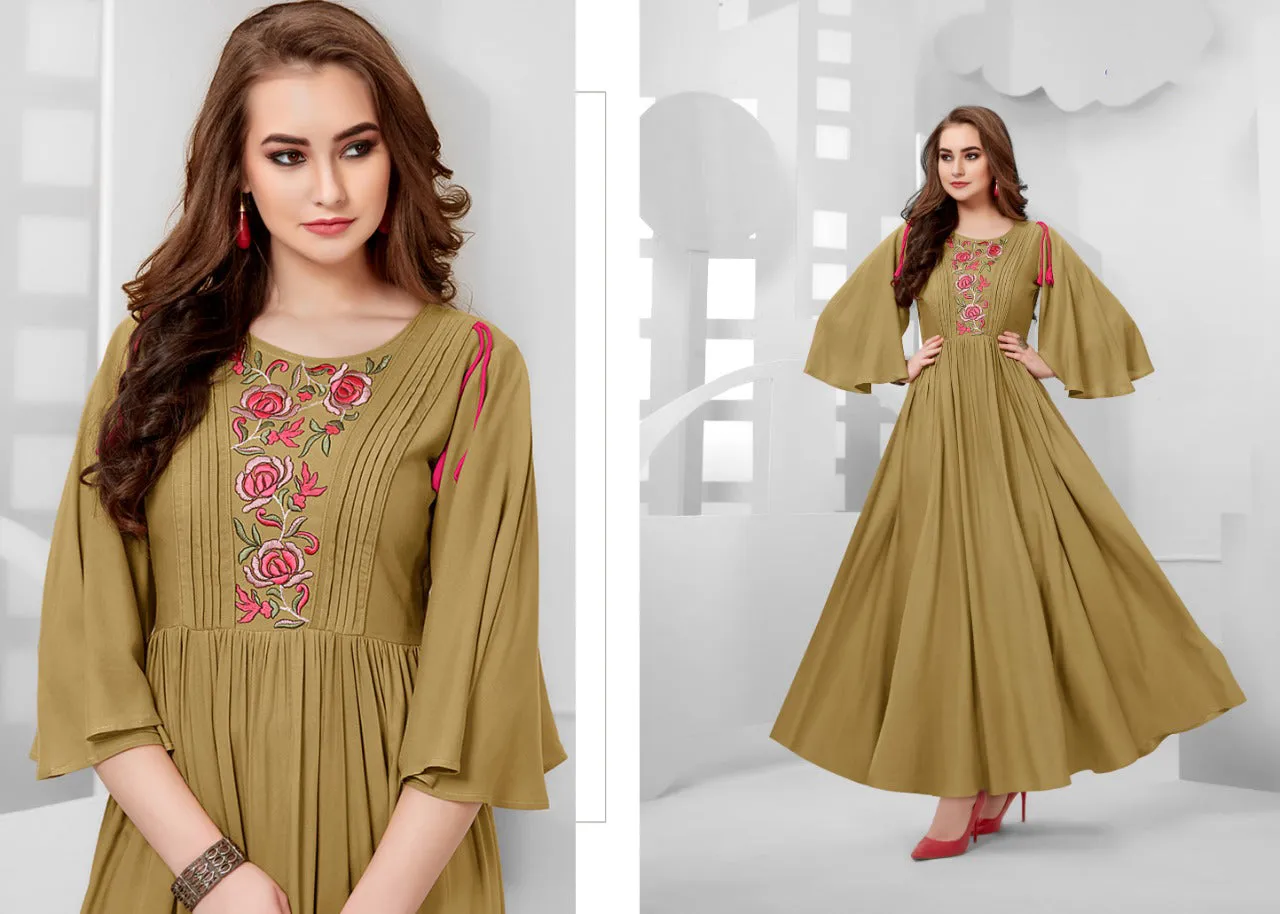 Classy Mustard Color Slub Rayon Full Length Dress With Flared Sleeve