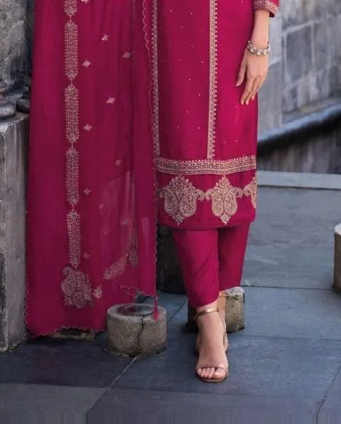 Dazzling Dark Pink Ethnic Wear Kurti Suits With Soft Organza Embroidery Work