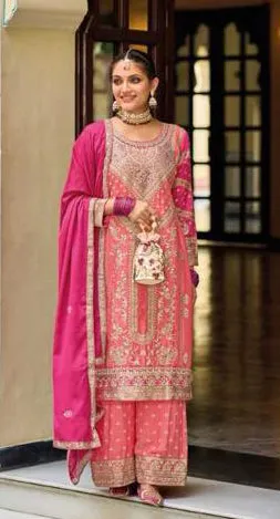 Dazzling Pink Color Chinon Embroidery Work Kurti Palazzo Pant With Dupatta