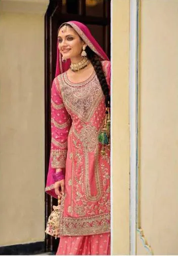 Dazzling Pink Color Chinon Embroidery Work Kurti Palazzo Pant With Dupatta