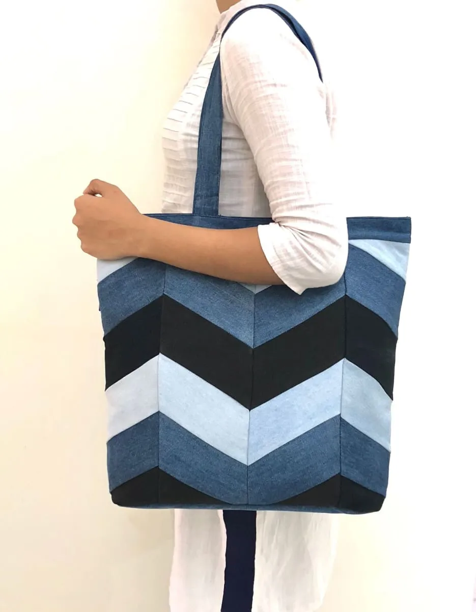 Denim Chevron Patchwork Tote