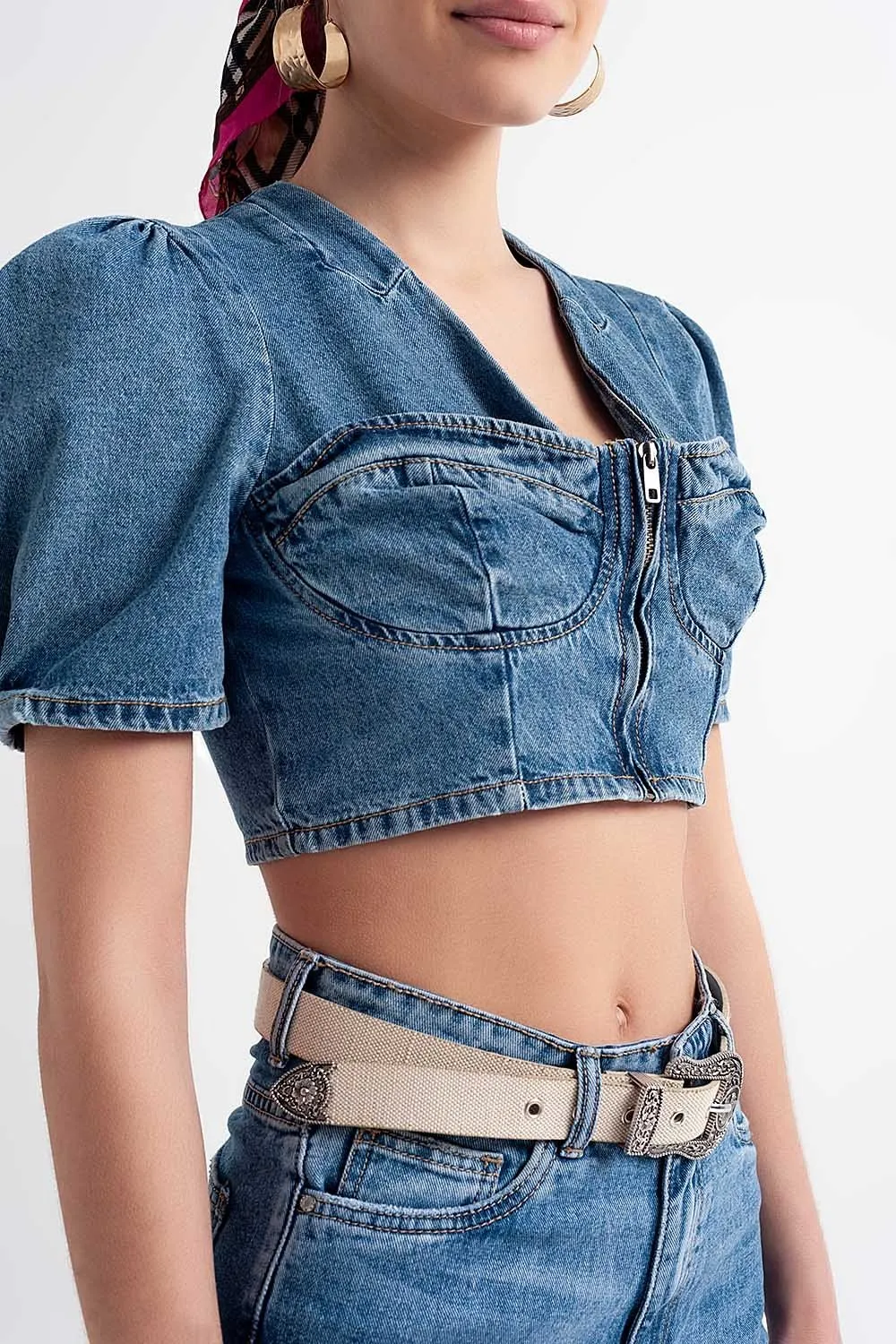 Denim Puff Sleeve Crop Top in Mid Wash Blue