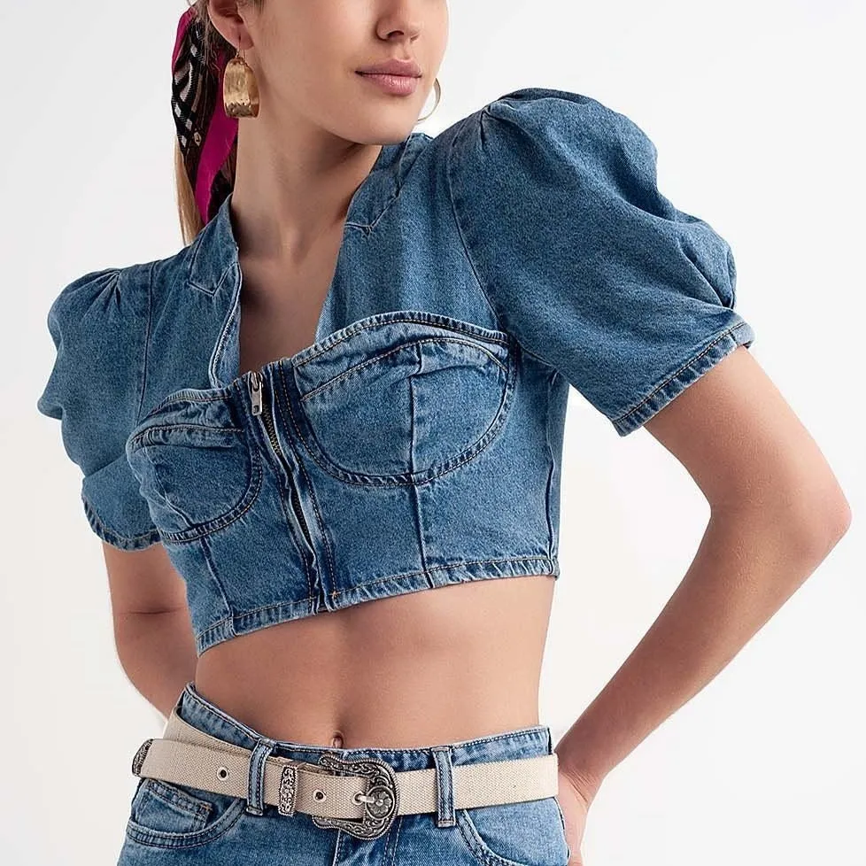 Denim Puff Sleeve Crop Top in Mid Wash Blue