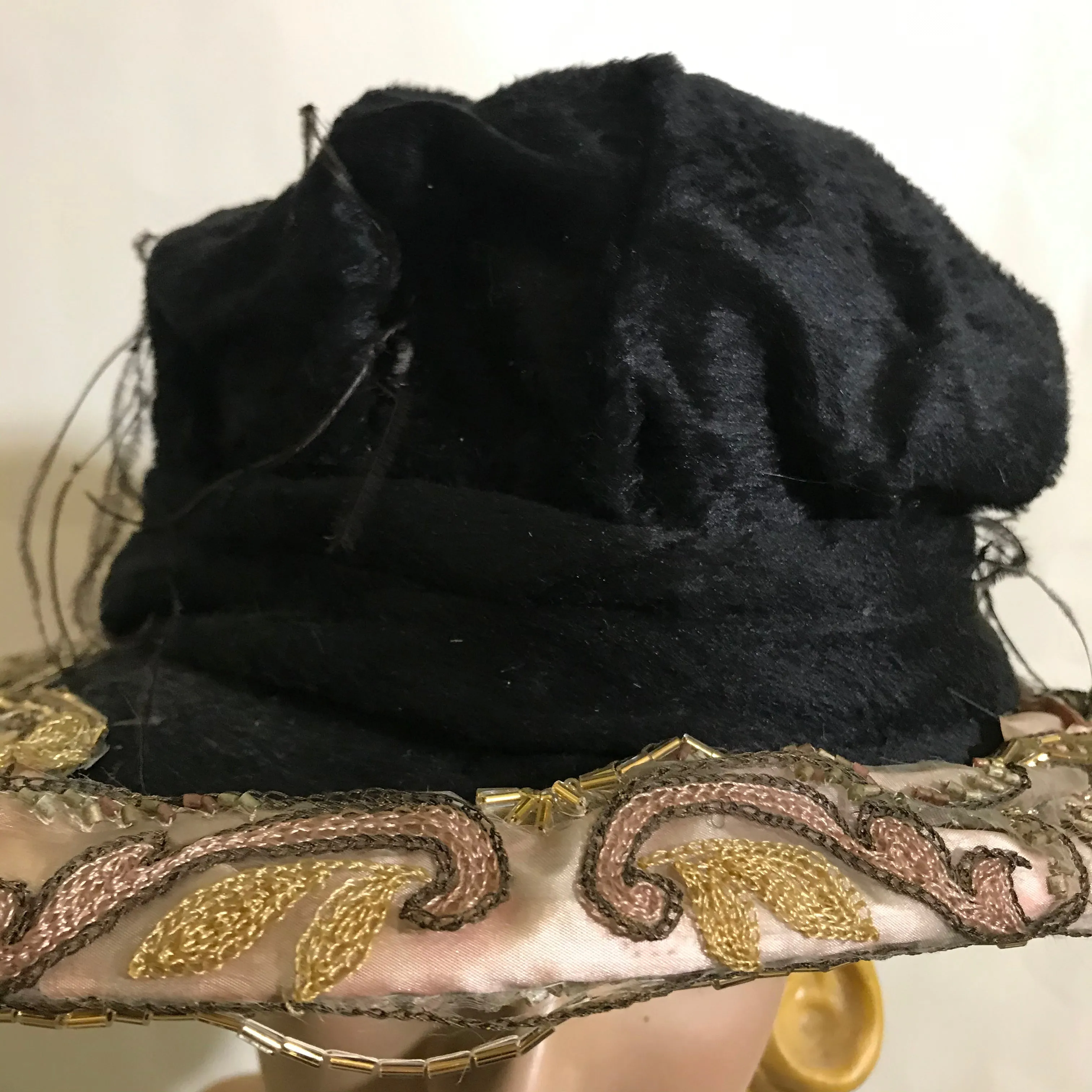 Edwardian Black & Pink Velvet Asymetrical Brim Hat with Beading and Lace circa Early 1900s