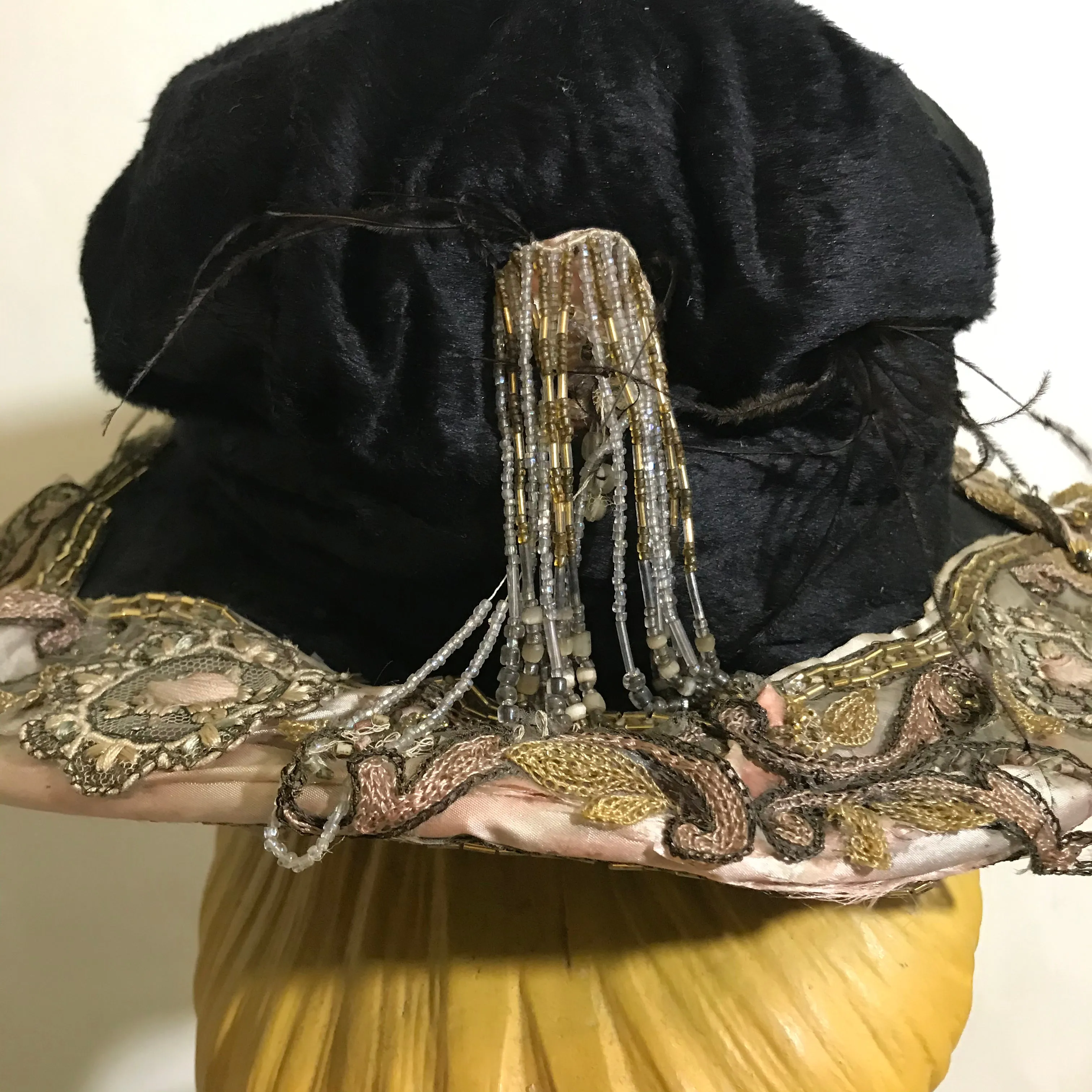 Edwardian Black & Pink Velvet Asymetrical Brim Hat with Beading and Lace circa Early 1900s