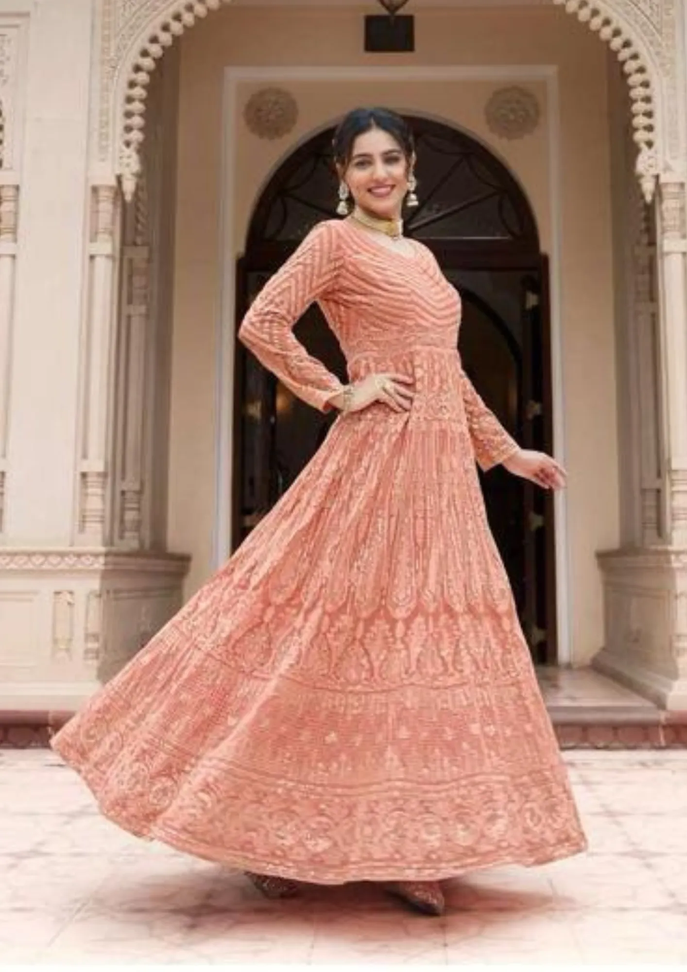 Elegant Peach Colored Georgette & Chinon Kurtis And Suits With Dupatta