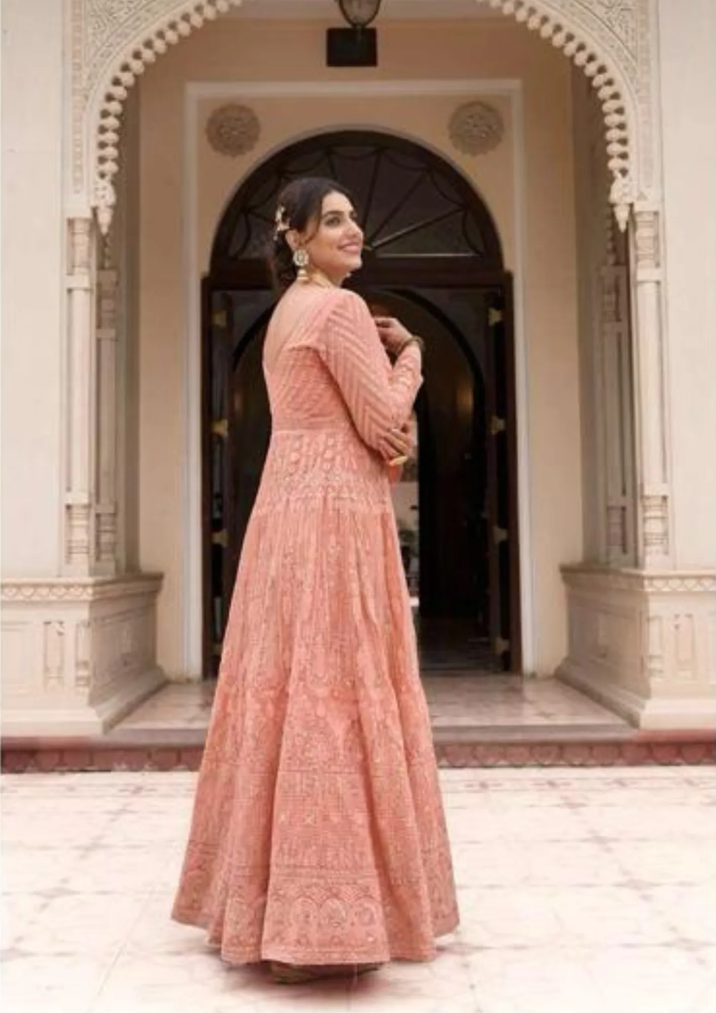 Elegant Peach Colored Georgette & Chinon Kurtis And Suits With Dupatta