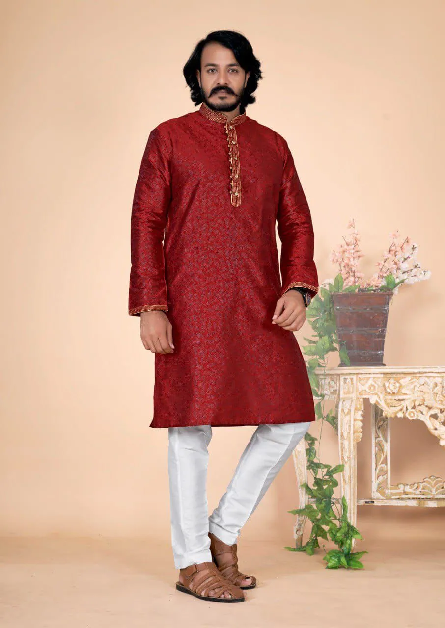 Elegant Traditional Red Color Men's kurta With Pajama Pant