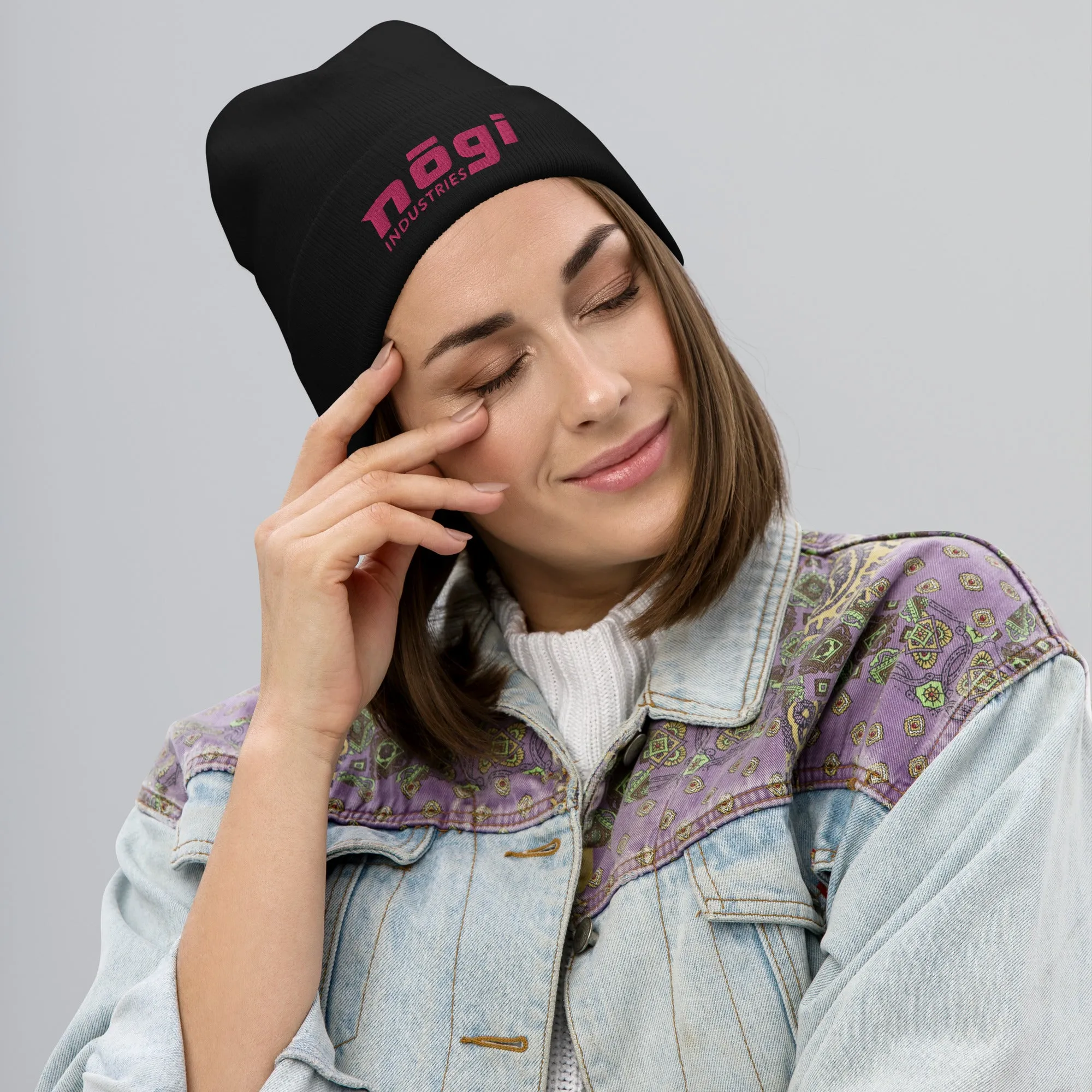 Embroidered Beanie w Puff logo (Black & Pink)