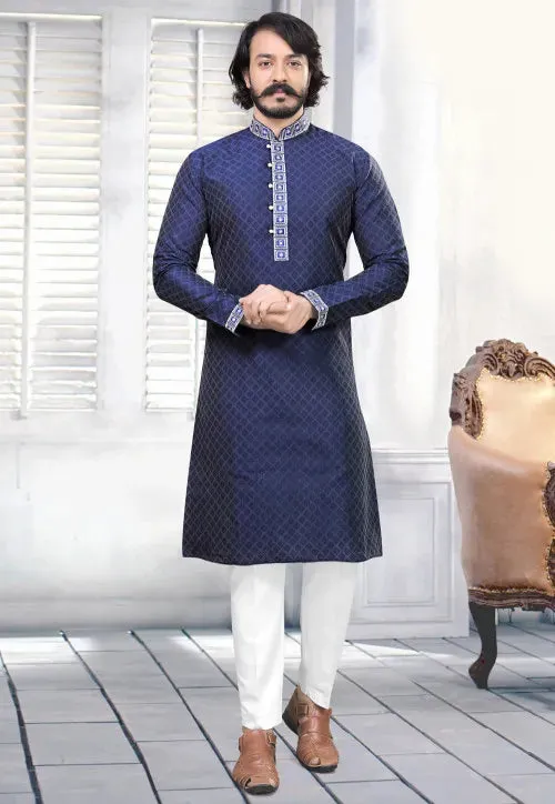 Embroidered Men's Cotton Silk Kurta Pajama Set In Dark Blue