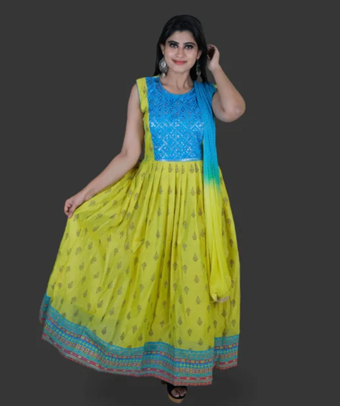 Fabulous Blue And Yellow Color Anarkali Salwar Suit With Embroidery Work