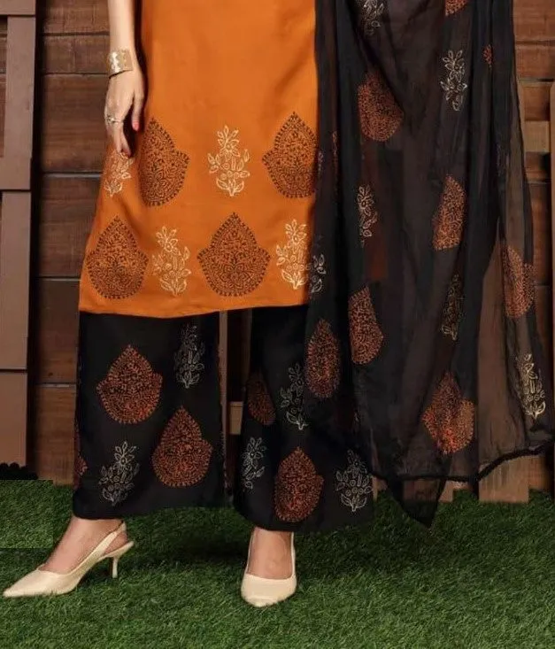 Fantastic Orange Heavy Rayon Printed Kurti And Fancy Dupatta