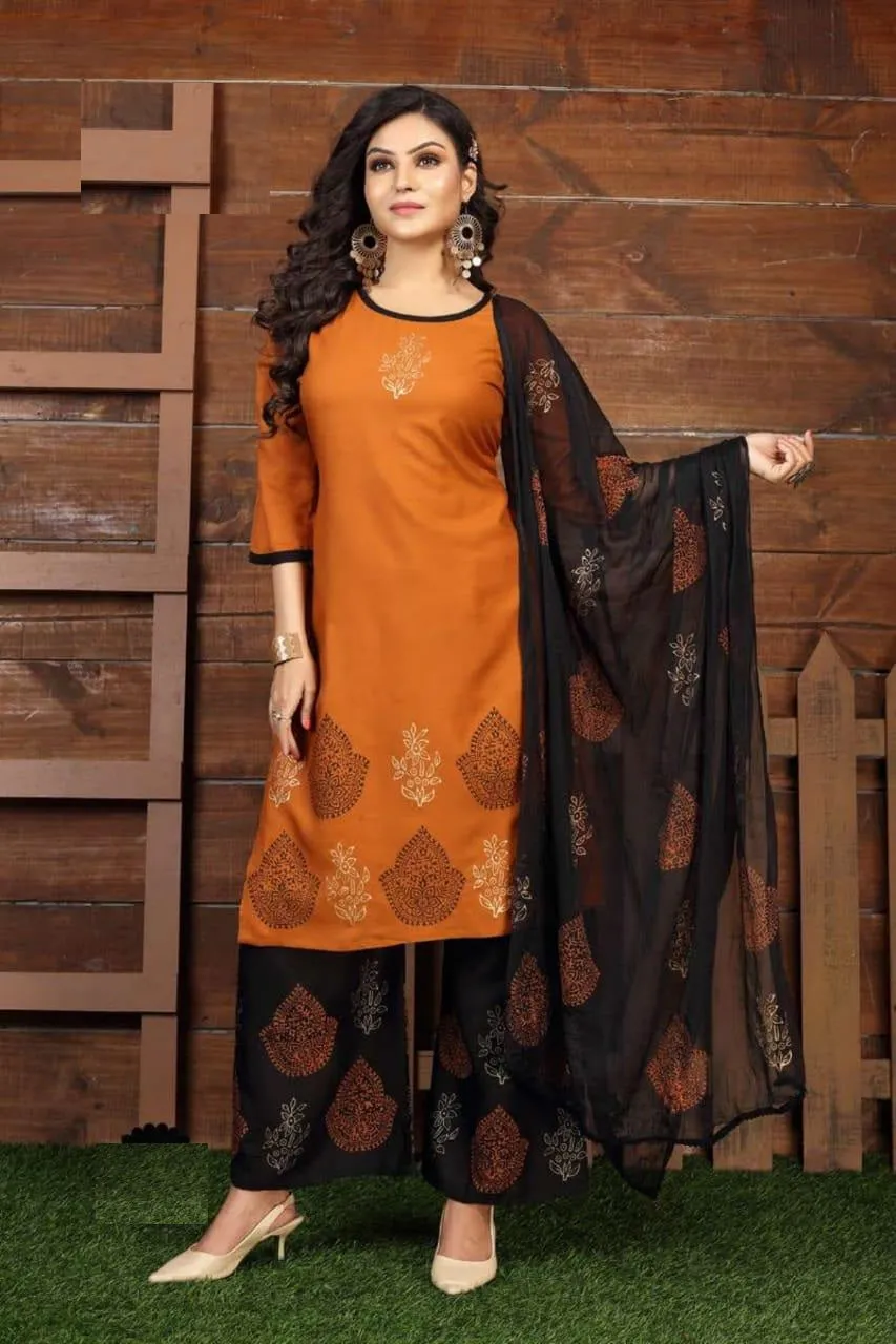 Fantastic Orange Heavy Rayon Printed Kurti And Fancy Dupatta