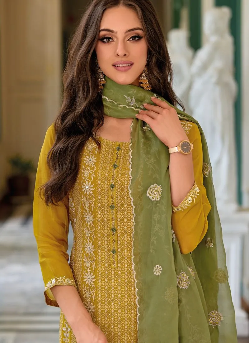 Fascinating Mustard Yellow Color Handwork PartyWear Designer Organza Salwar Suits With Dupatta