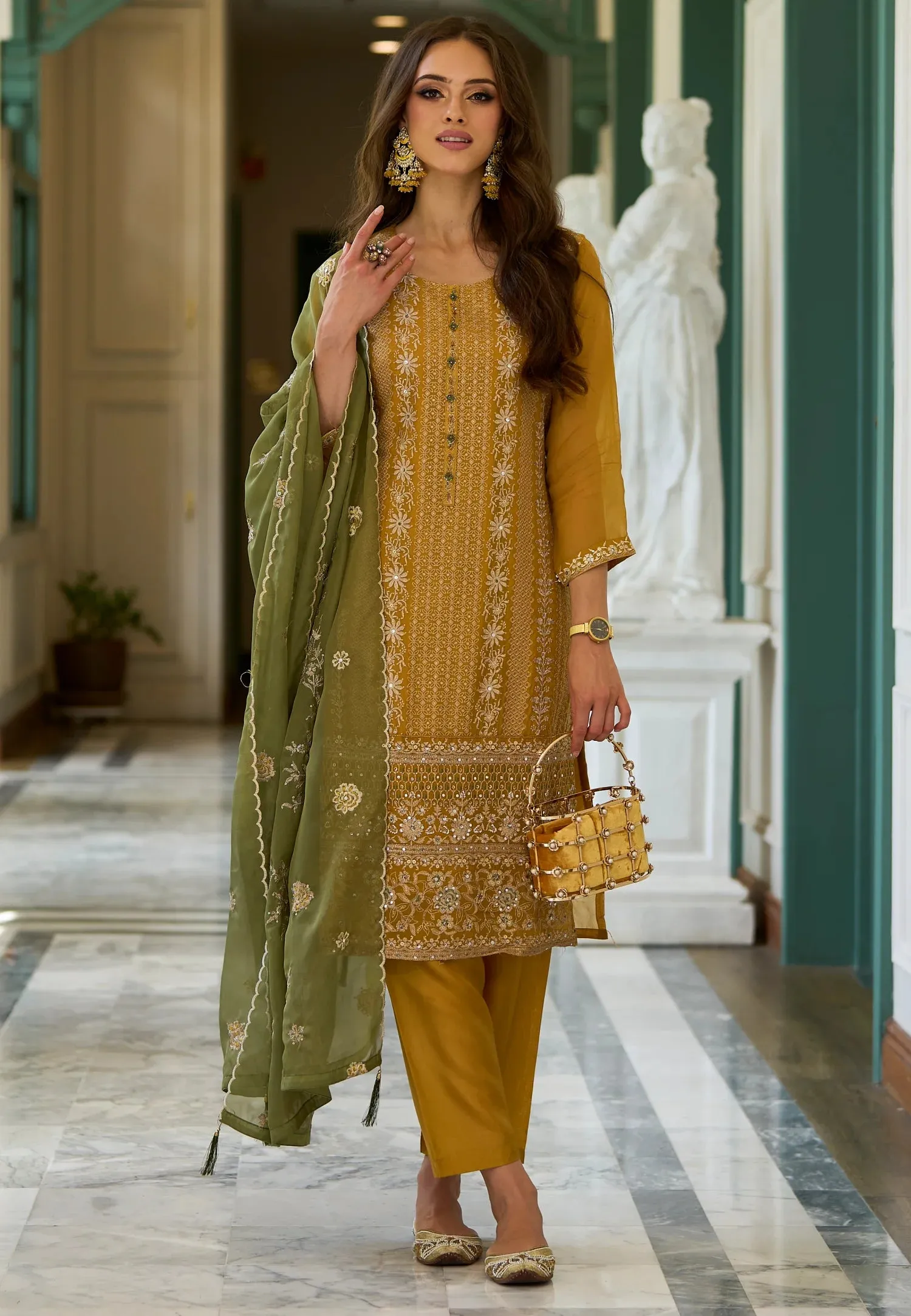 Fascinating Mustard Yellow Color Handwork PartyWear Designer Organza Salwar Suits With Dupatta