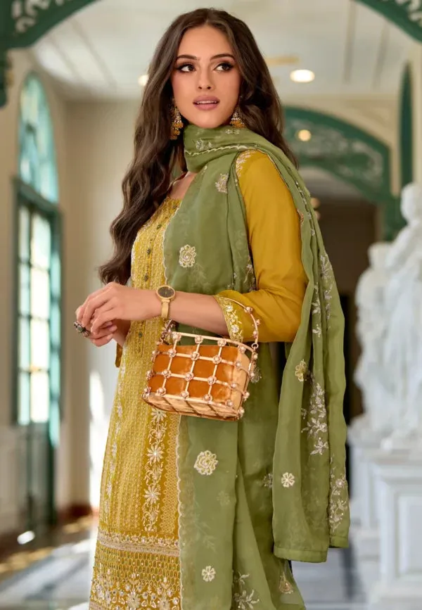 Fascinating Mustard Yellow Color Handwork PartyWear Designer Organza Salwar Suits With Dupatta