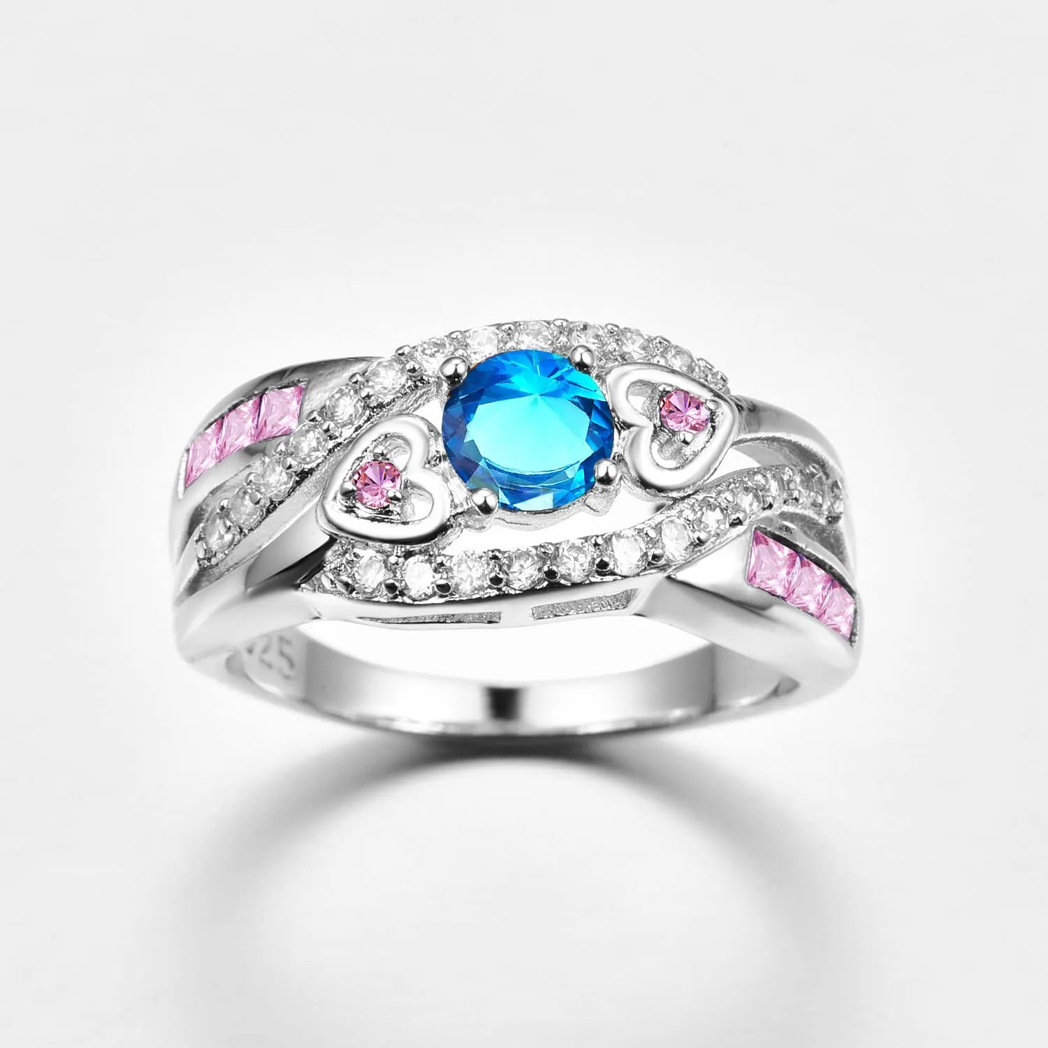 Fashion 925 Sterling Silver Created 5x5mm Blue and Pink Twisted Ring Band for Women