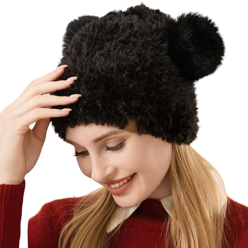 Faux Fur Pom Pom Ear Beanie Hat