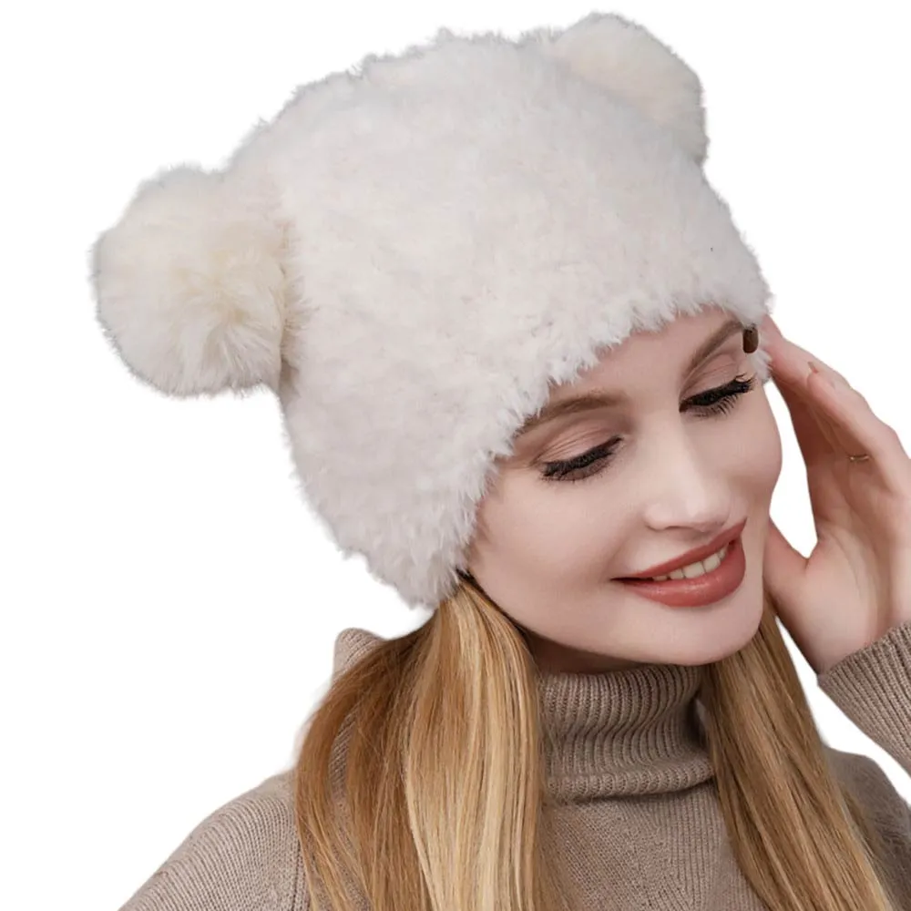 Faux Fur Pom Pom Ear Beanie Hat